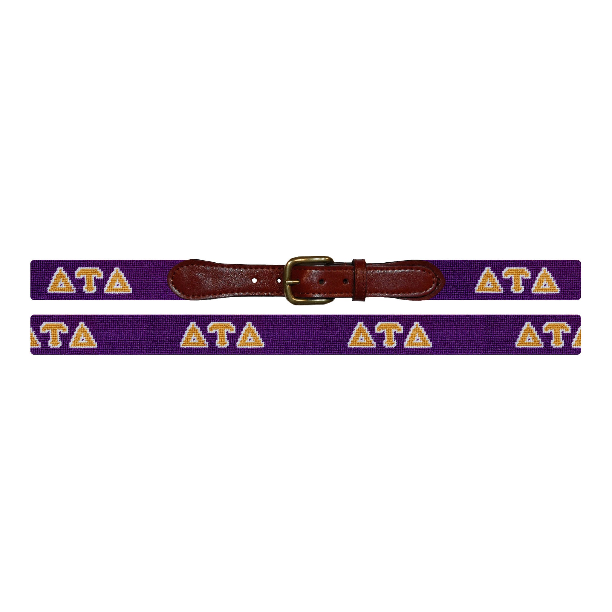 Flat view of Needlepoint Delta Tau Delta Belt with brown leather trim and a brass buckle