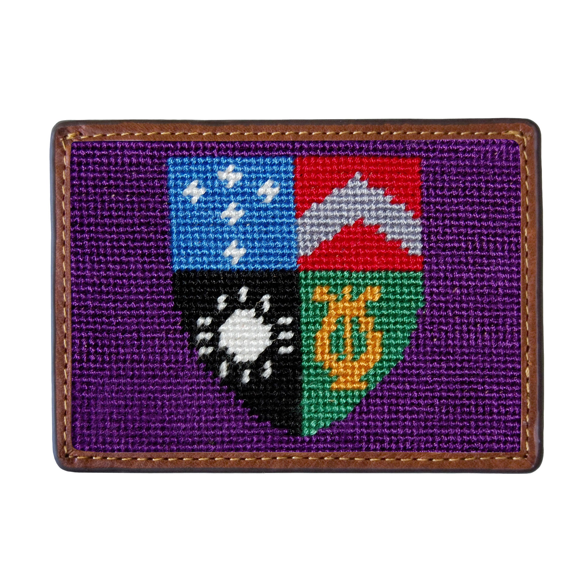 Delta Tau Delta needlepoint card wallet with Italian leather trim.