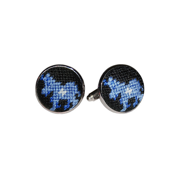 Democrat cufflinks with a black needlepoint design featuring a stitched blue donkey symbol, set into a silver-plated cufflink.
