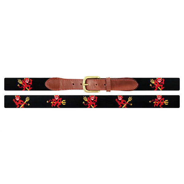 Black belt with red devil designs and a brass buckle on a white background