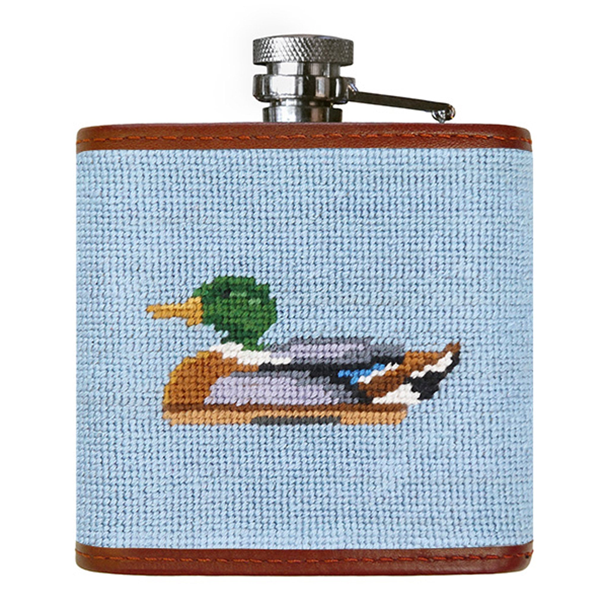 Duck Decoys antique blue flask with blue, green, and cream needlepoint Duck Decoys design back