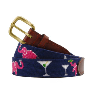 Monogrammed Elephant Martini Needlepoint Belt Dark Navy coiled, with brown leather trim and a brass buckle