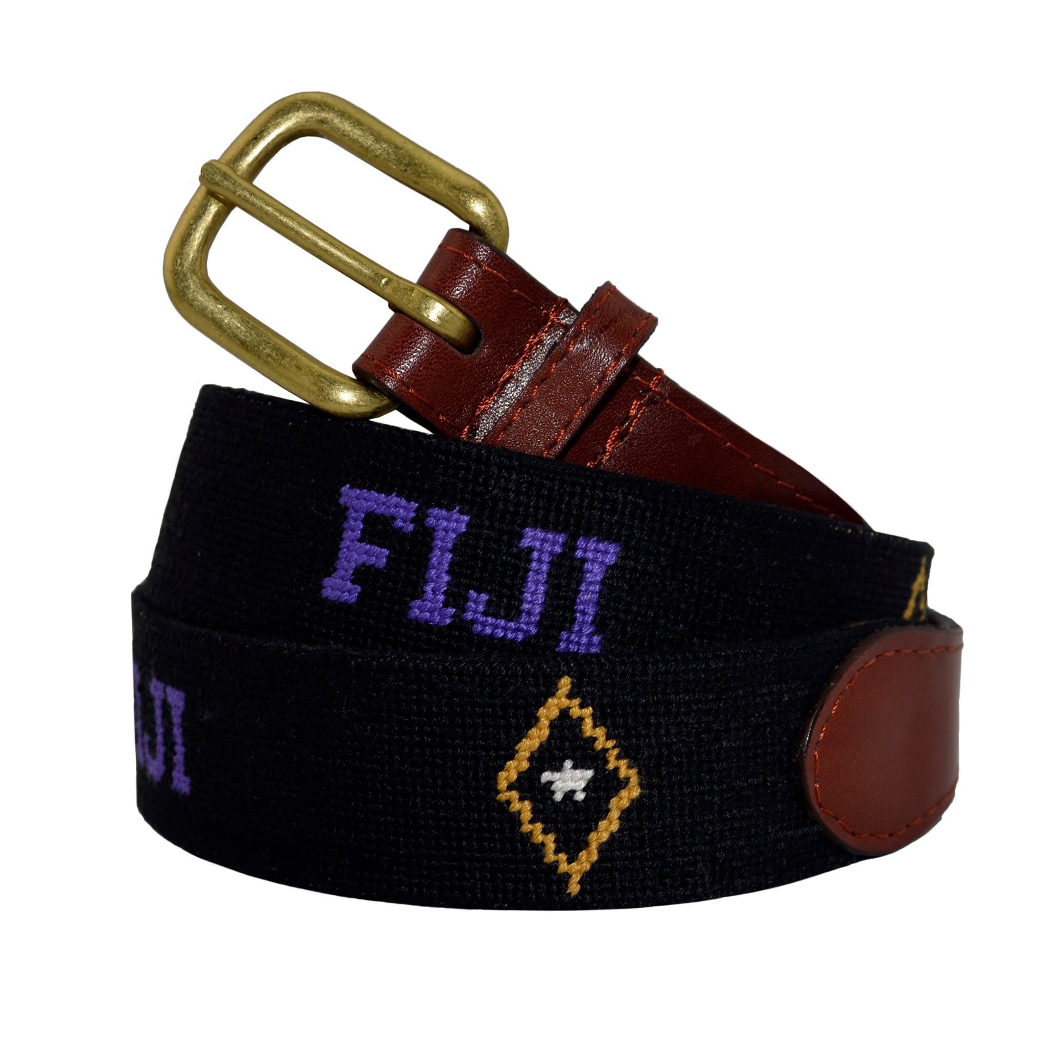 FIJI Needlepoint Belt coiled, with brown leather trim and a brass buckle