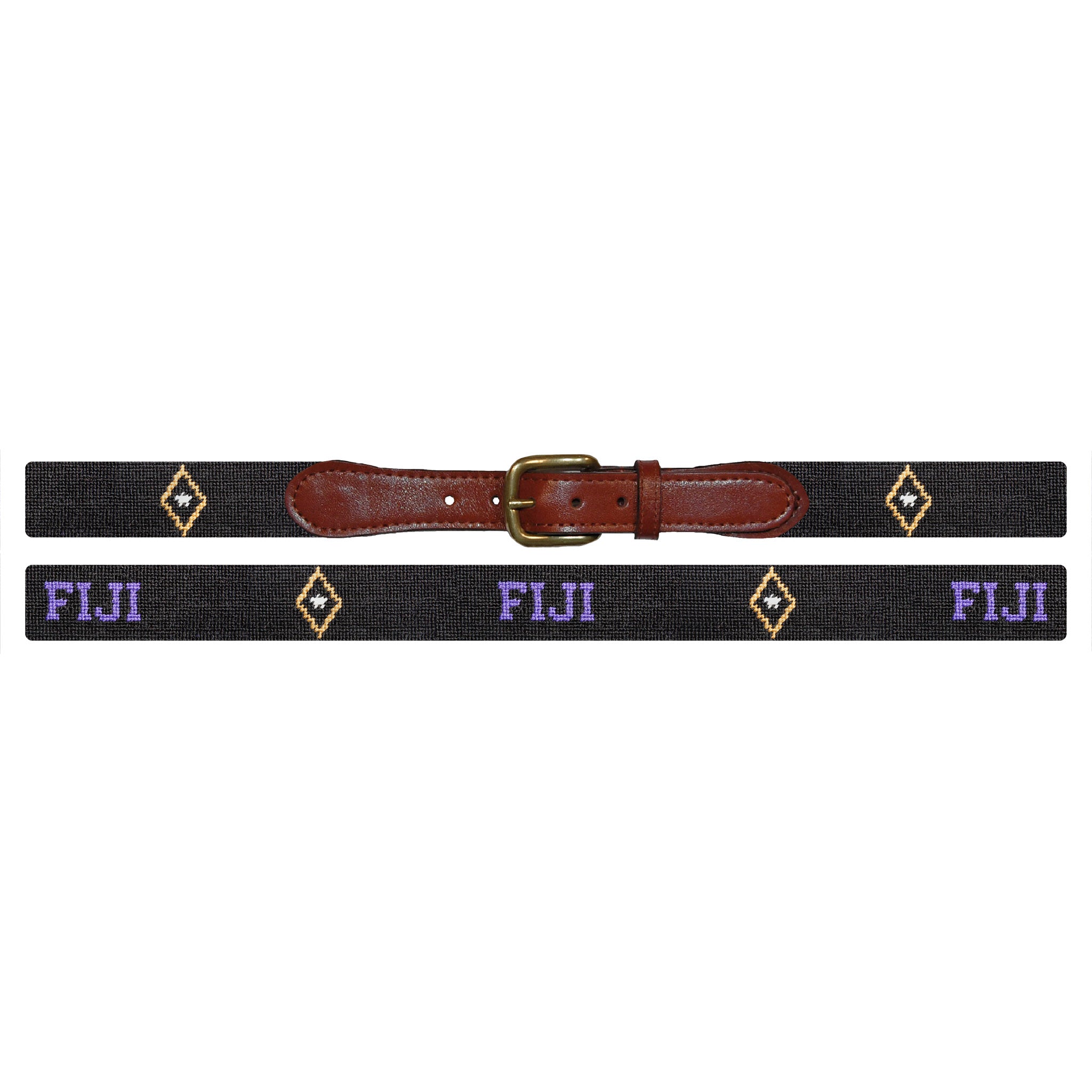 Flat view of Needlepoint FIJI Belt with brown leather trim and a brass buckle