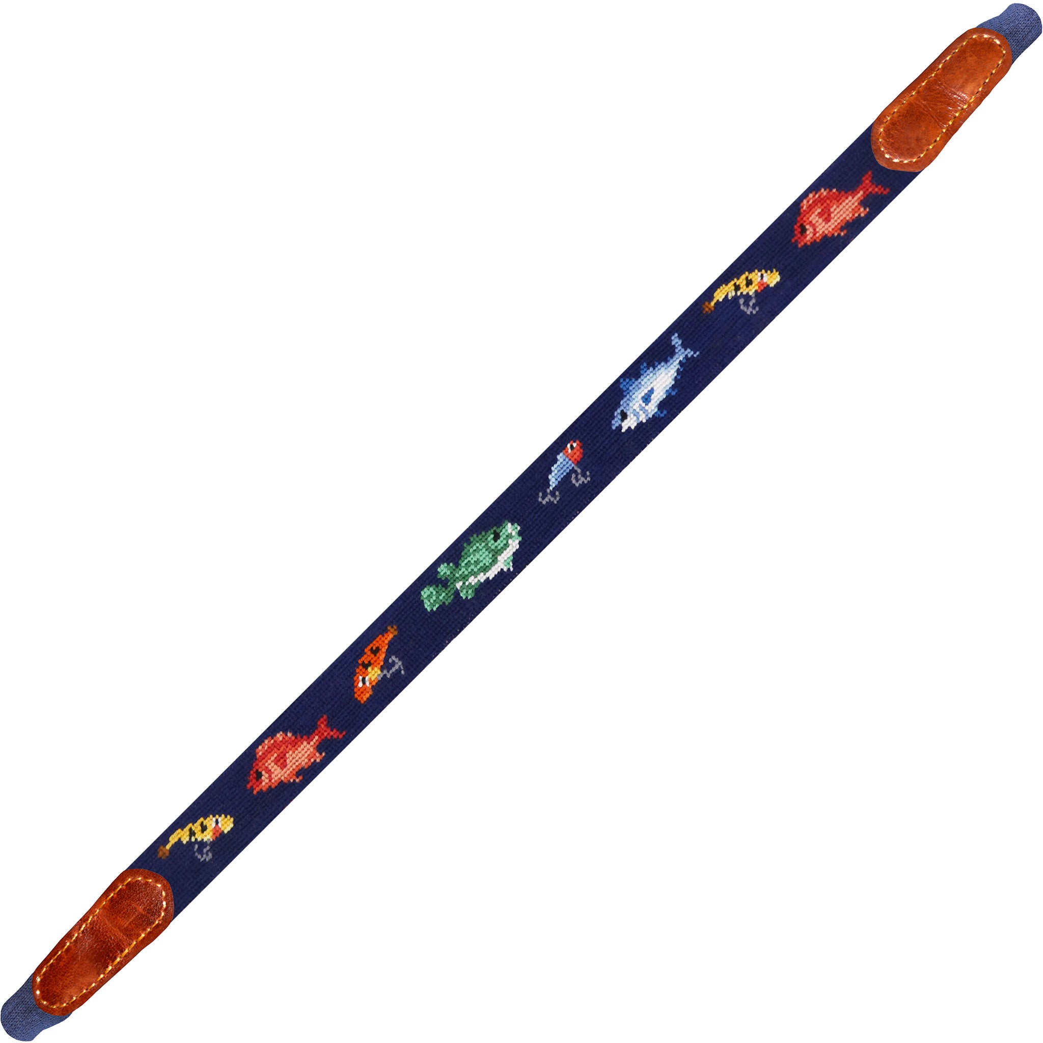 Shows the full length of the strap with detailed needlepoint and cotton wrapped connectors.