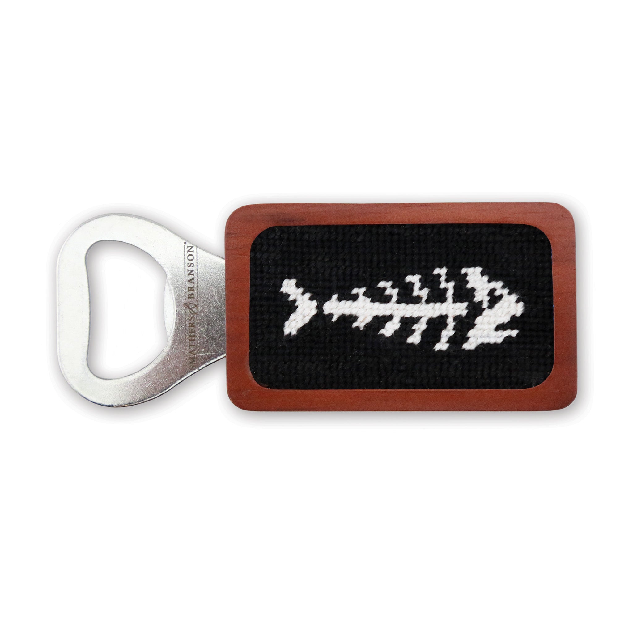 Fishbones black bottle opener featuring a fishbone design, ideal for opening bottles with ease.