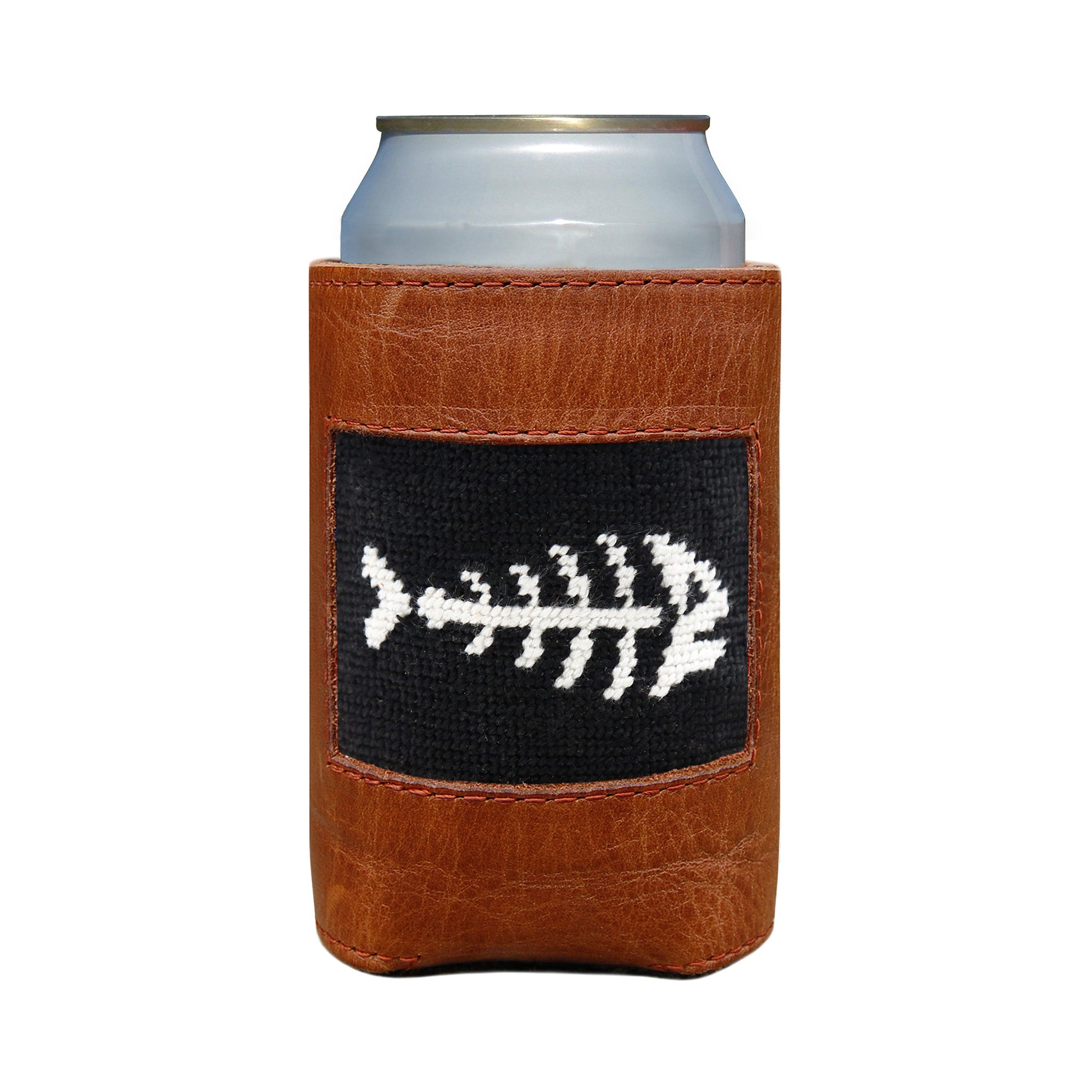 Black can cooler featuring a fishbones pattern, shown from primary angle.