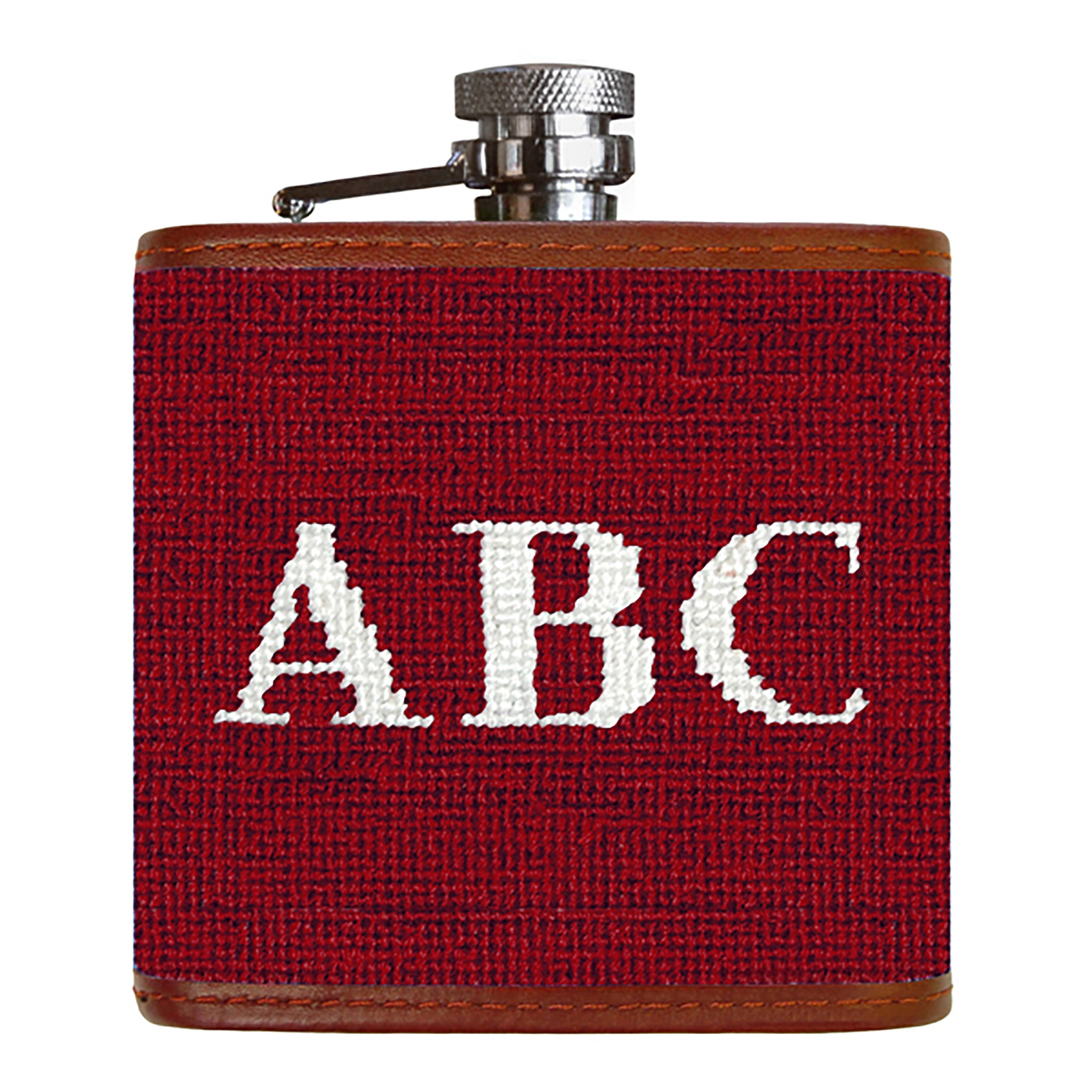 Navy needlepoint nautical monogram flask featuring a customizable design.