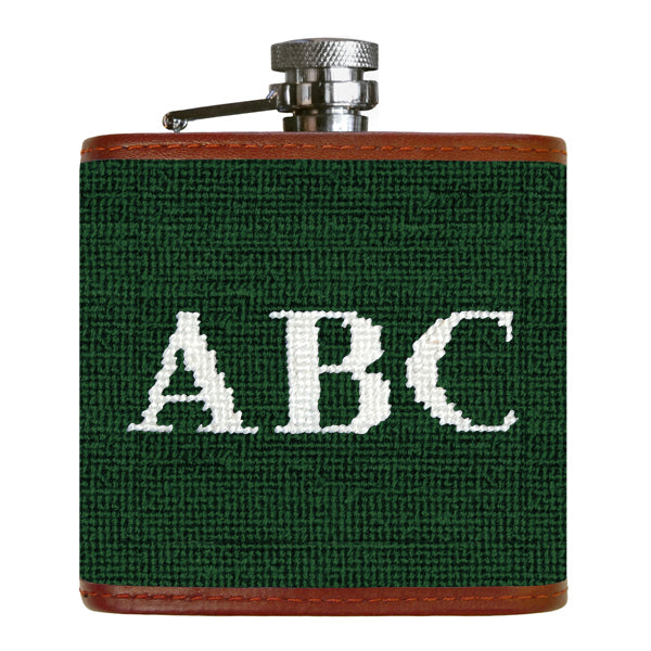 Monogrammed garnet needlepoint flask with customizable monogram design.
