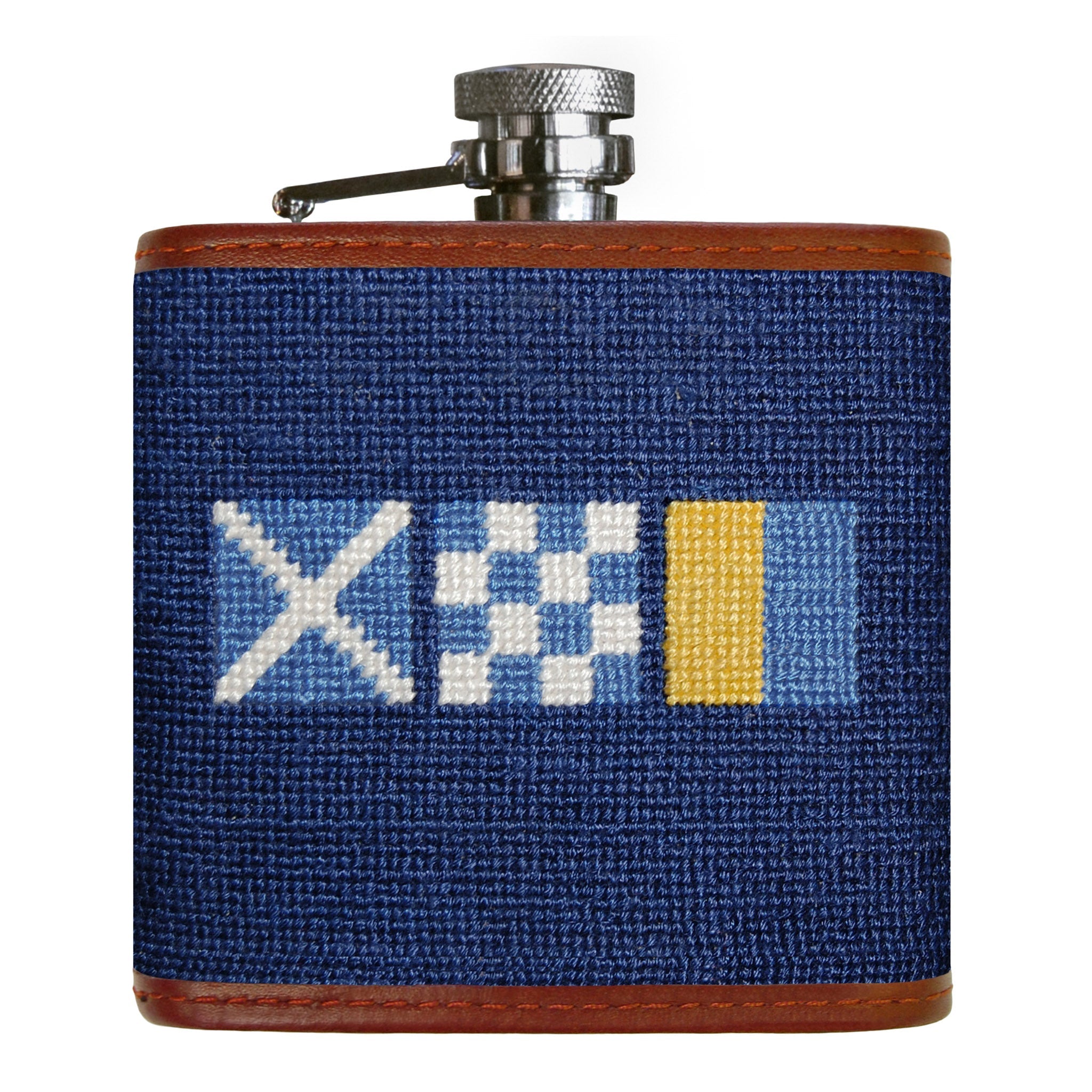 Hunter dark khaki diamond pattern needlepoint bi-fold wallet with brown leather trim, shown from primary angle.