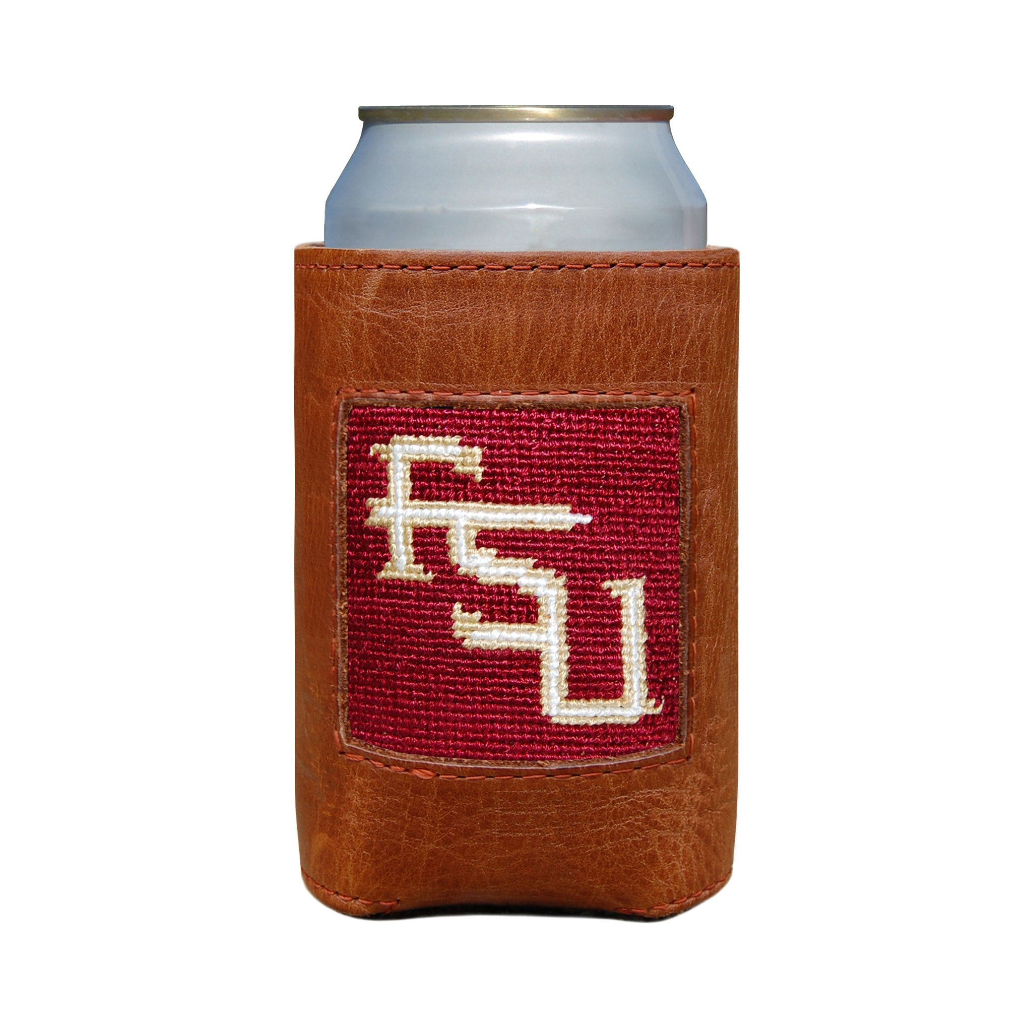 Garnet can cooler featuring the white Florida State Seminoles spear logo.