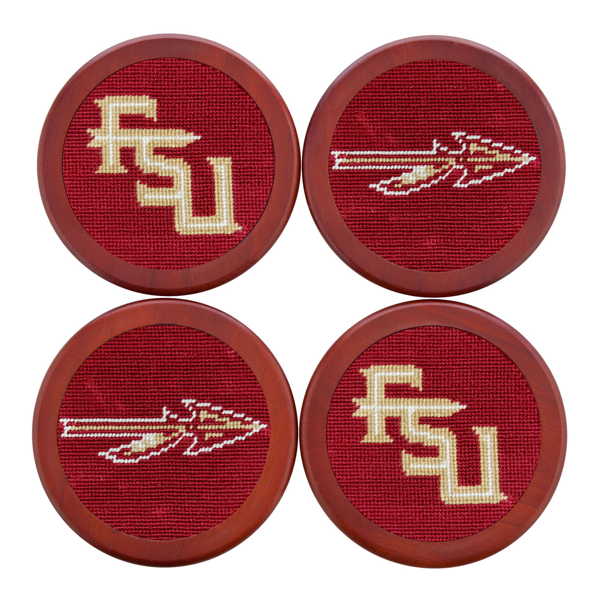 Garnet needlepoint coaster featuring the gold and white Florida State Seminole logo, backed with chestnut wood.