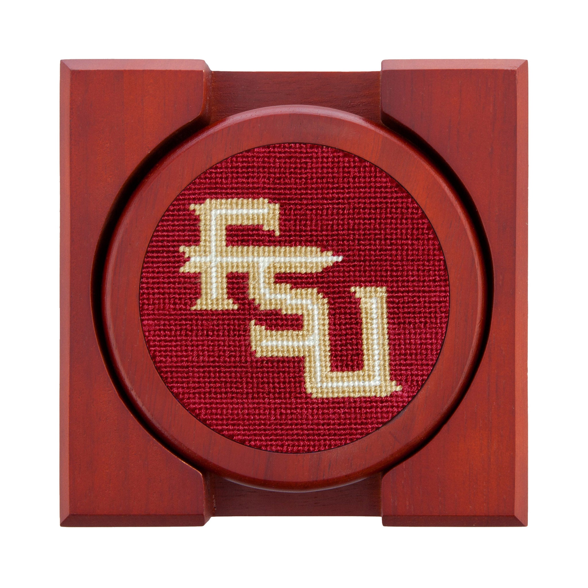 Garnet needlepoint coaster set with the Florida State Seminole logo on one and matching garnet accents, backed with chestnut wood.