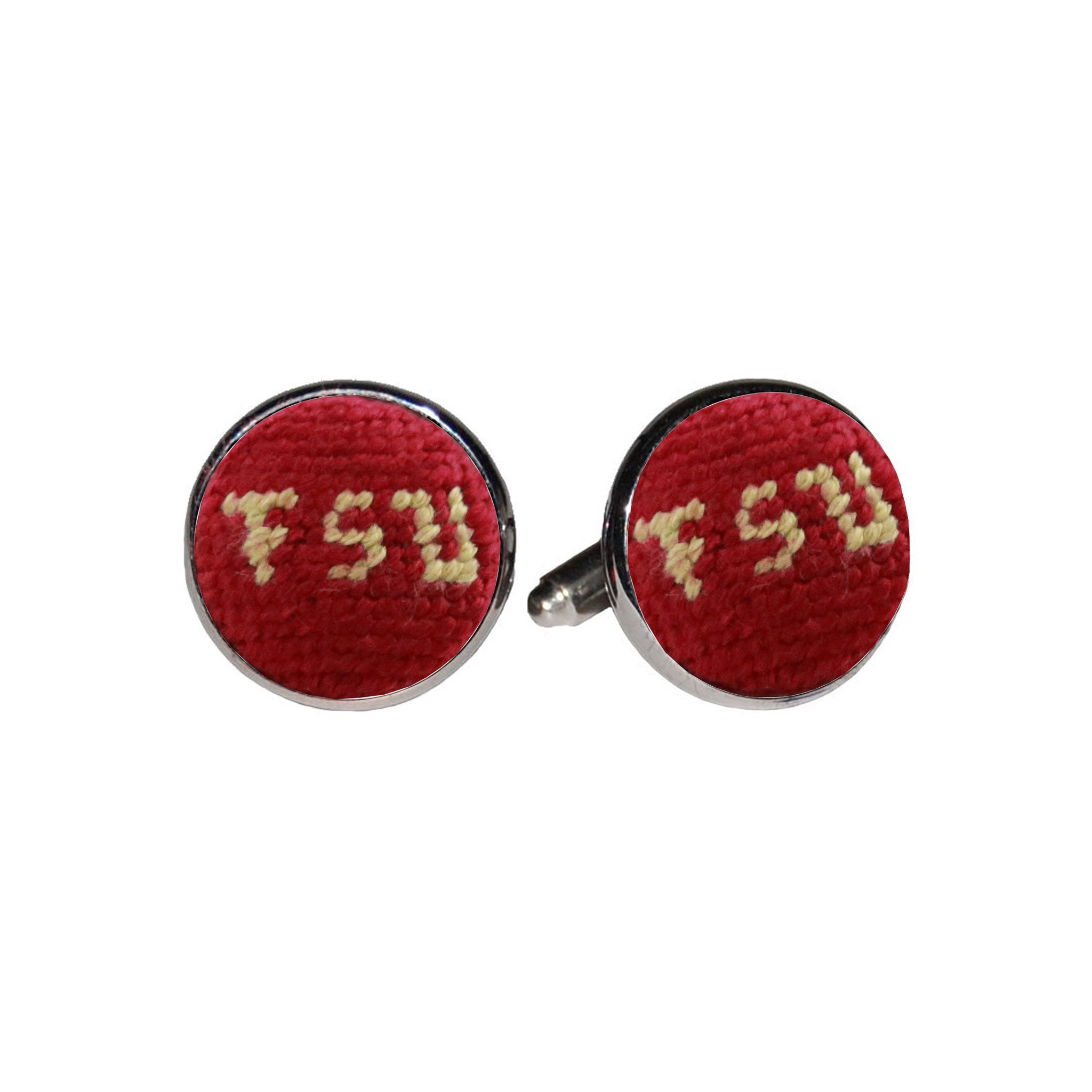 Florida State cufflinks with the garnet and gold collegiate logo stitched in needlepoint, set into a silver-plated cufflink.