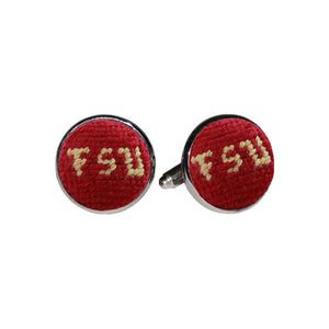 Florida State cufflinks with the garnet and gold collegiate logo stitched in needlepoint, set into a silver-plated cufflink.