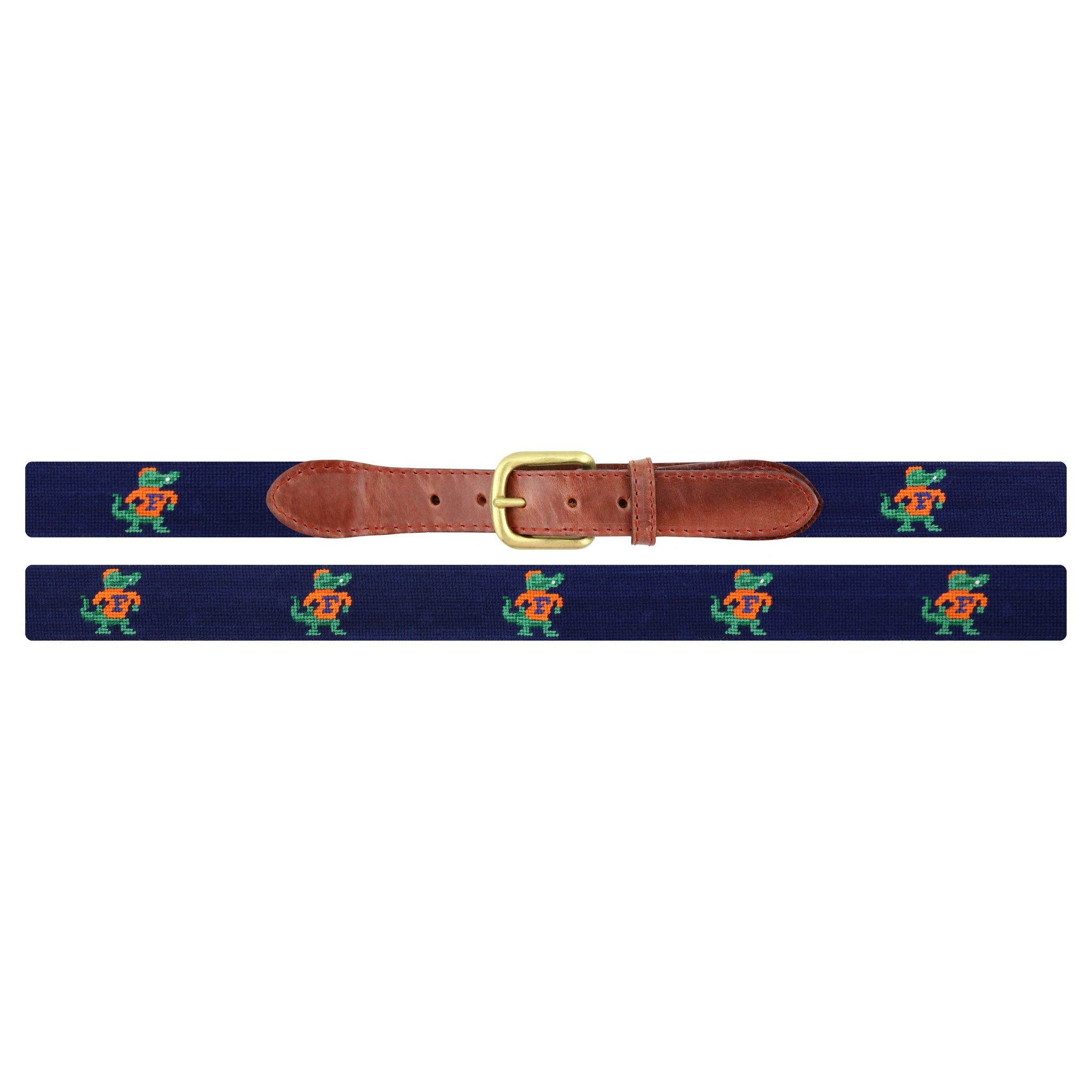 Flat view of Needlepoint Monogrammed University of Florida Albert Belt Dark Navy with brown leather trim and a brass buckle