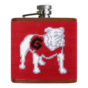 Georgia red flask with red, black, and white needlepoint Georgia logo.