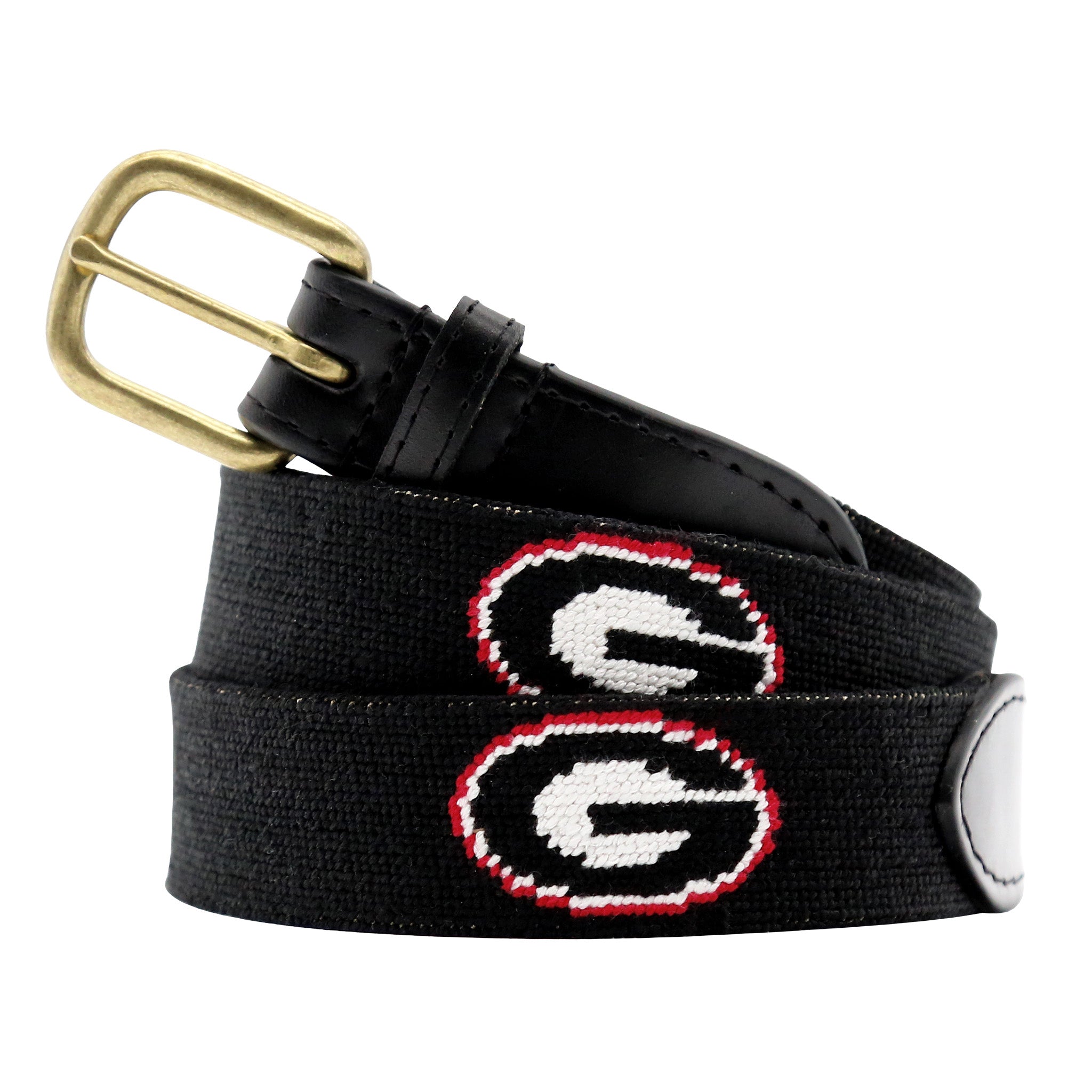 Black belt with embroidered logo and gold buckle on a white background