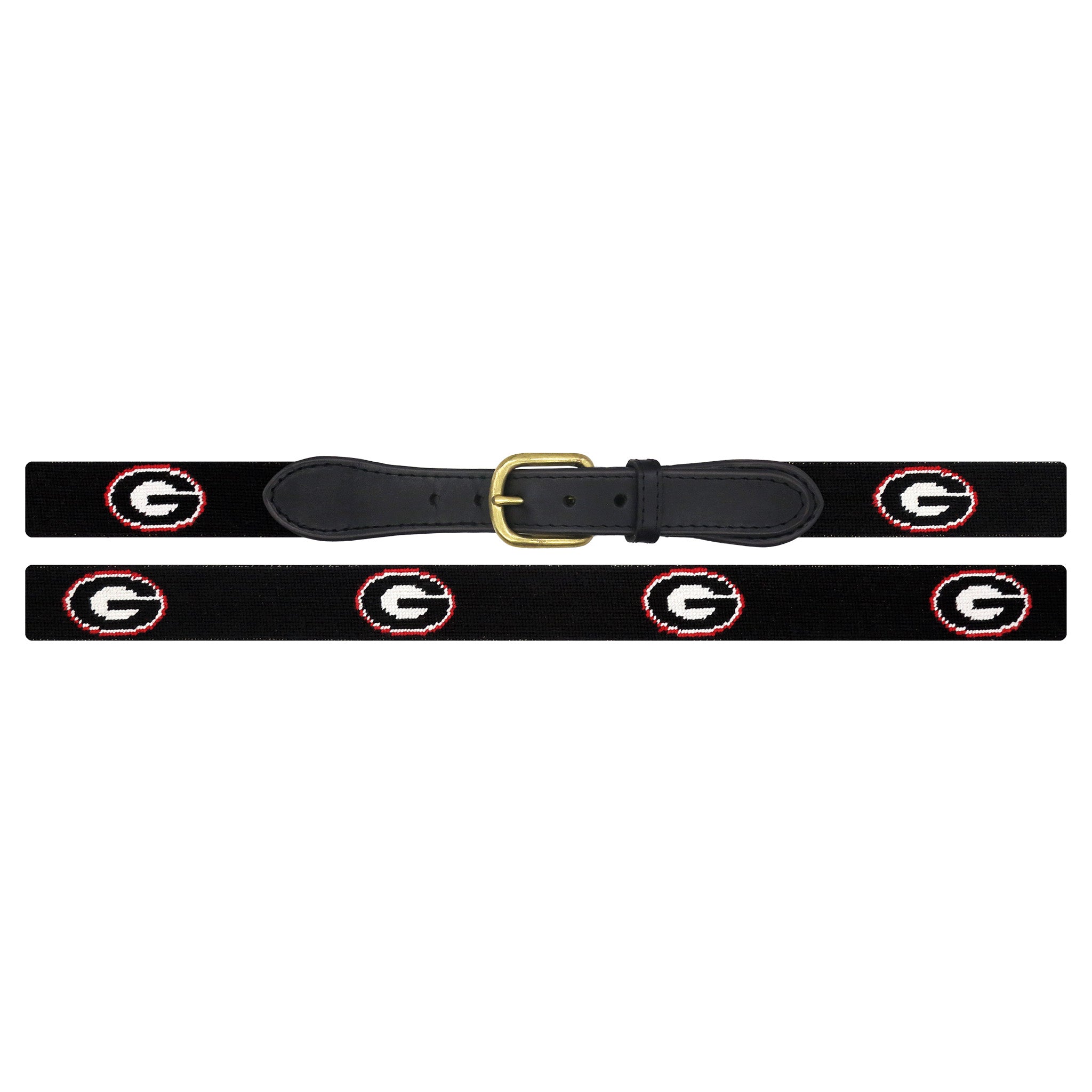 Black belt with a gold buckle and red and white logo on a white background