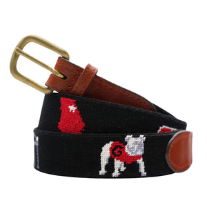 Georgia Life Needlepoint Belt Black coiled, with brown leather trim and a brass buckle