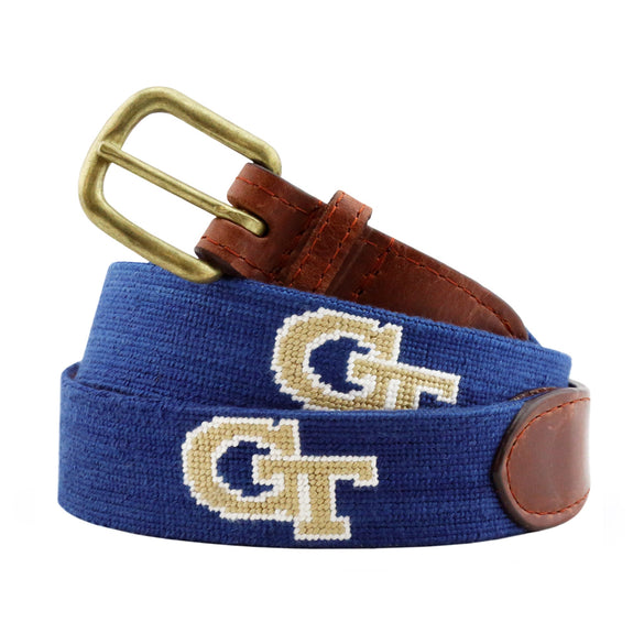 Monogrammed Georgia Tech Needlepoint Belt Classic Navy coiled, with brown leather trim and a brass buckle