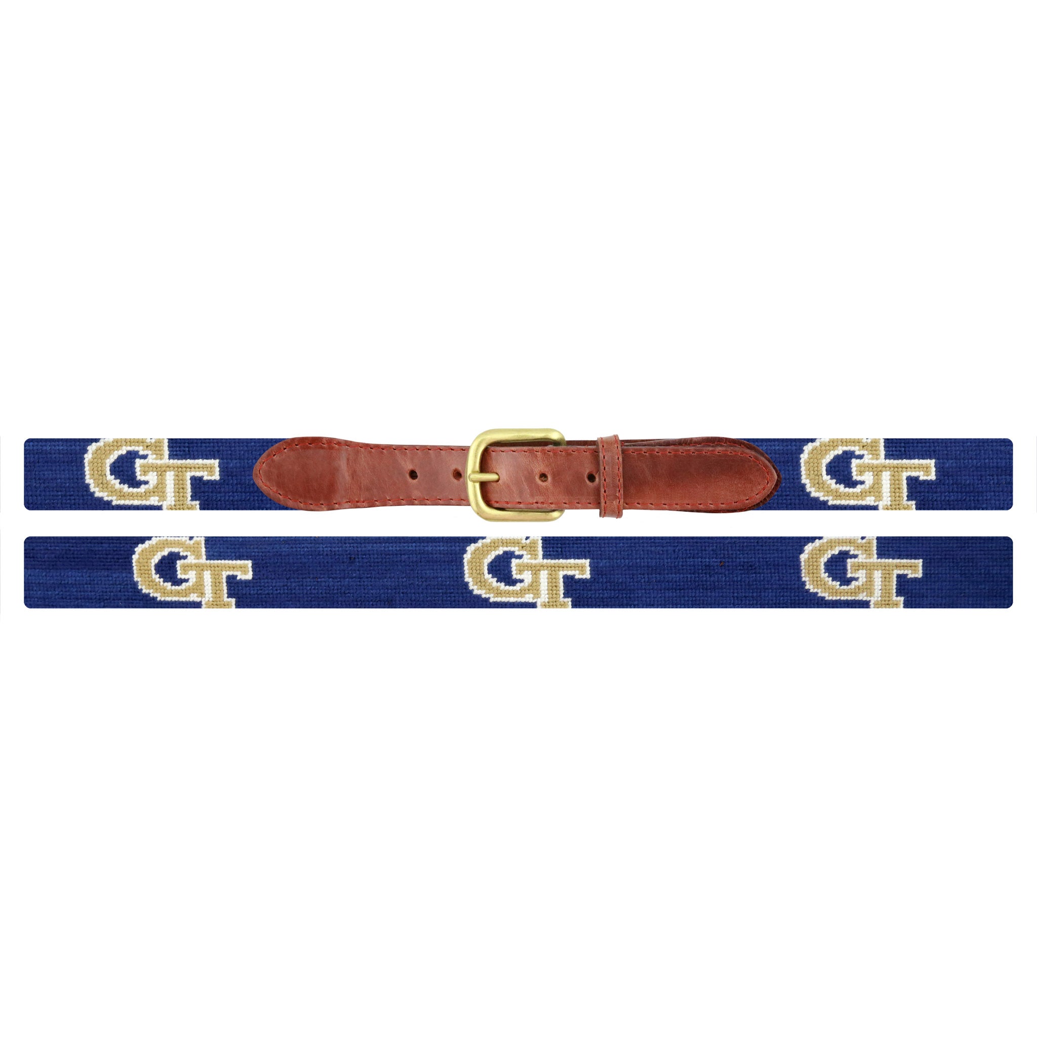 Flat view of Needlepoint Monogrammed Georgia Tech Belt Classic Navy with brown leather trim and a brass buckle