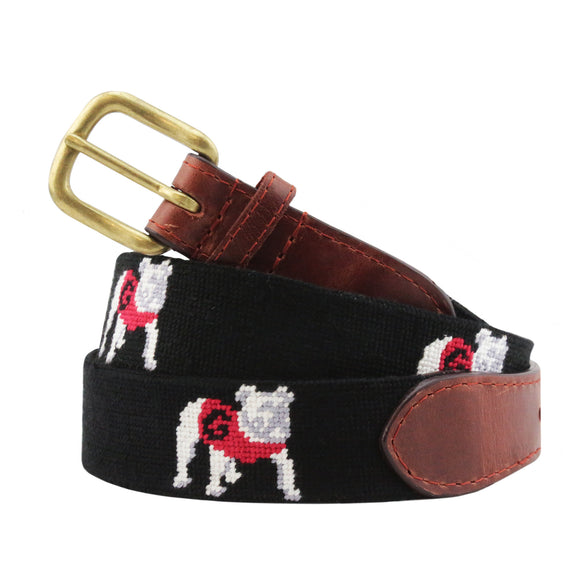 Monogrammed Georgia Bulldog Needlepoint Belt Black coiled, with brown leather trim and a brass buckle