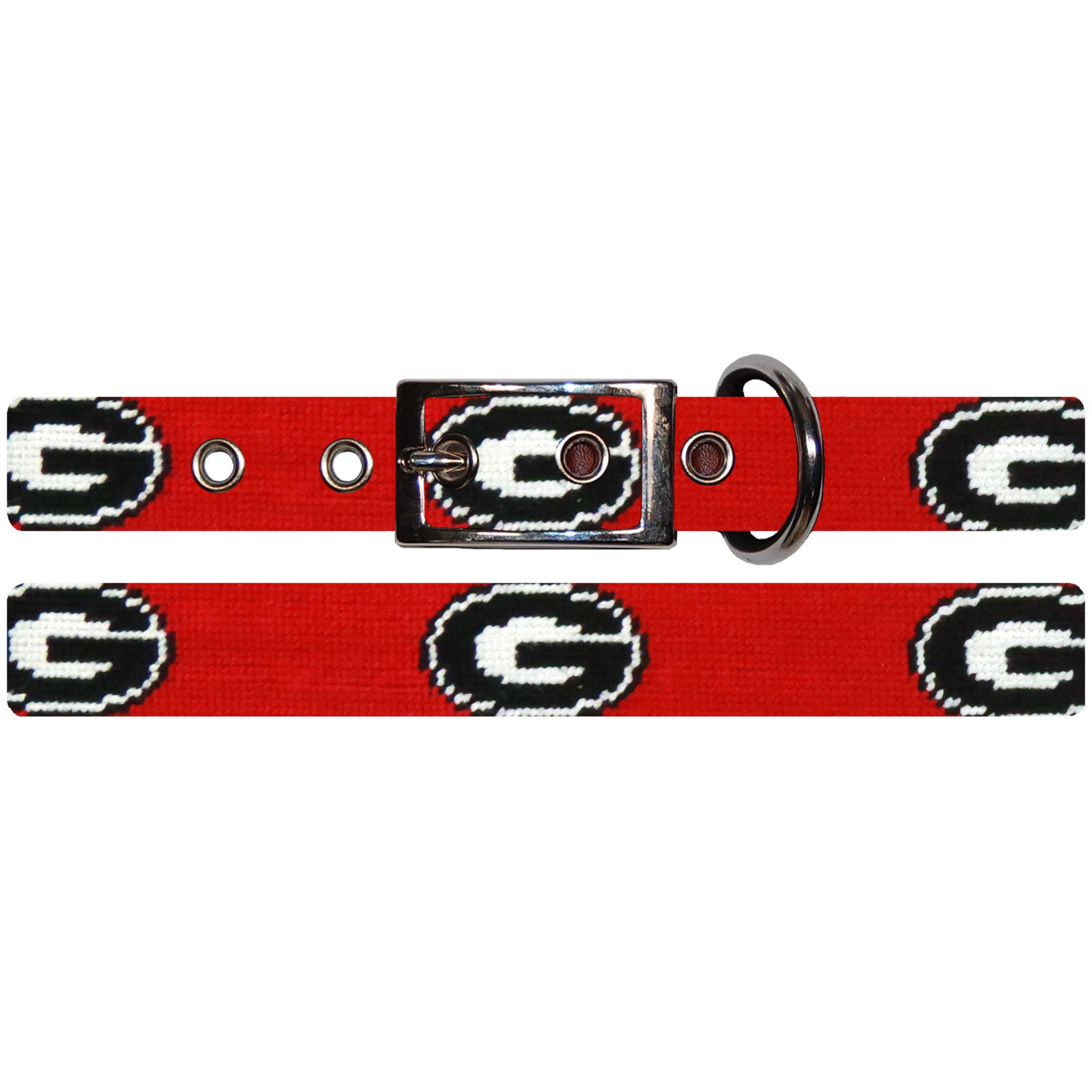 Shows the full length of the collar with detailed needlepoint design and metal buckle.