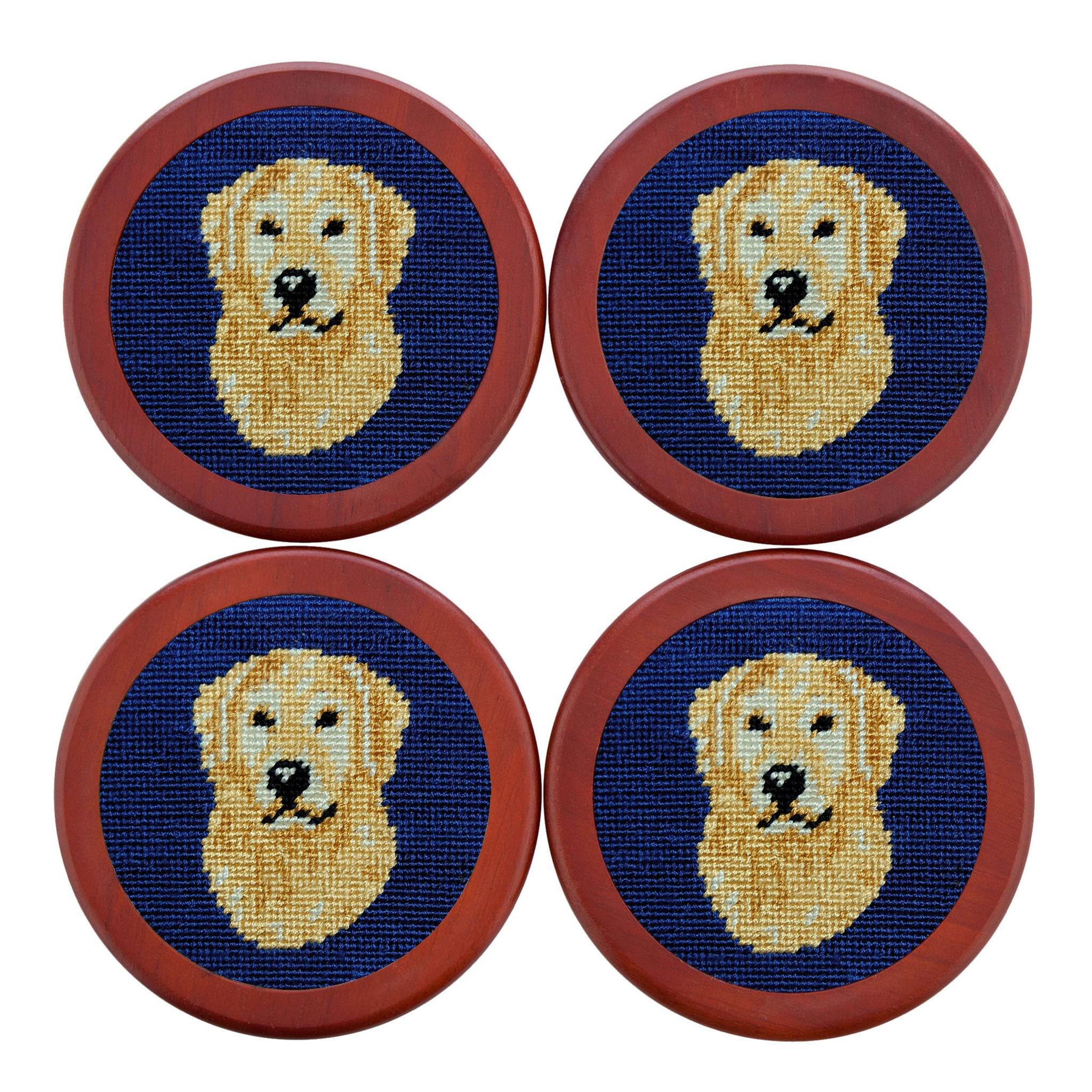 Classic navy coaster featuring a stitched golden retriever design, shown laid flat.