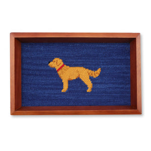 Chestnut wood valet tray with golden retriever needlepoint stitched design in the base of the tray