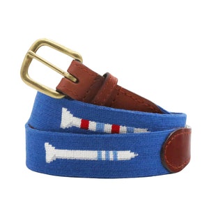 Monogrammed Golf Tees Needlepoint Belt Blueberry coiled, with brown leather trim and a brass buckle