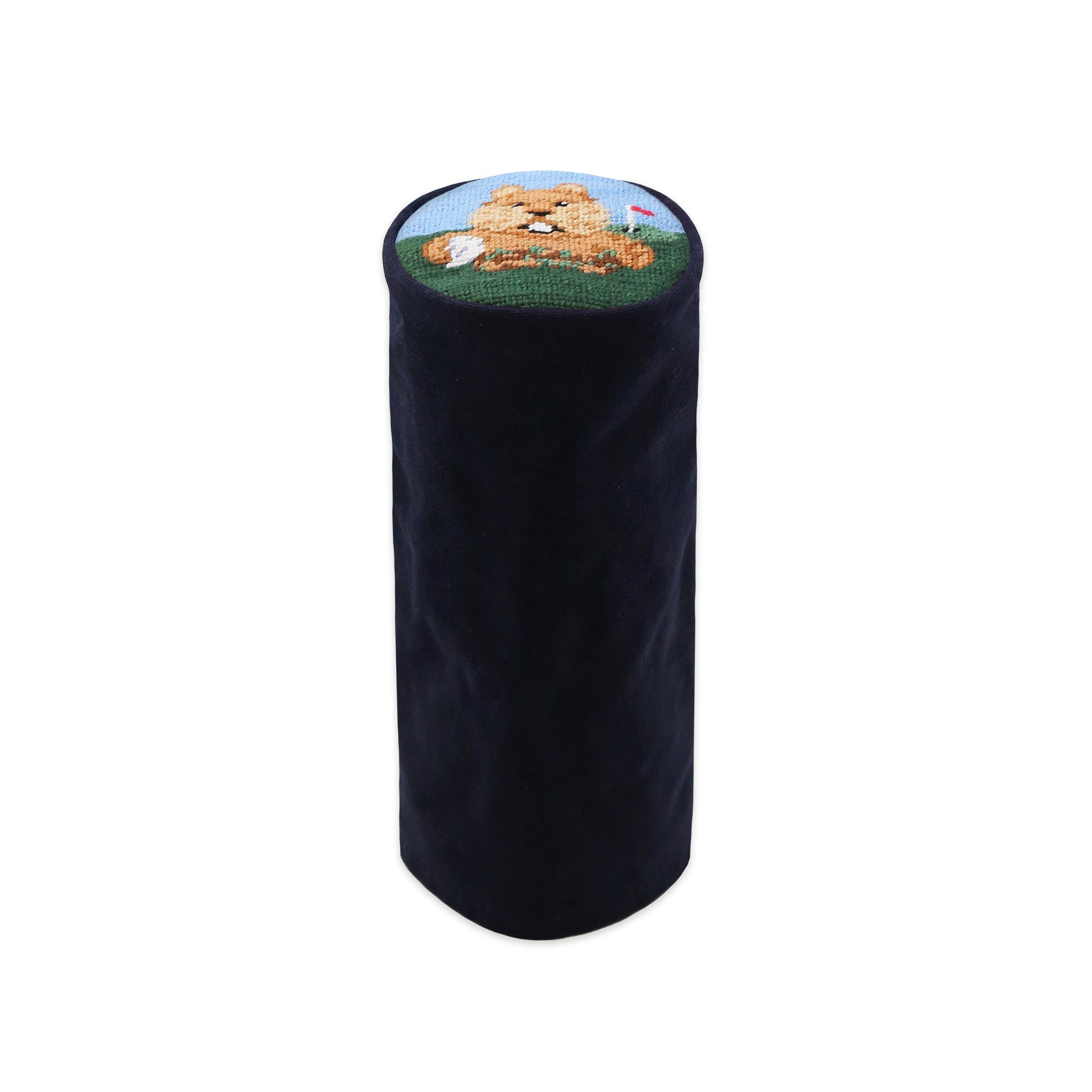 Wax canva cylinder headcover with needlepoint top featuring gopher design