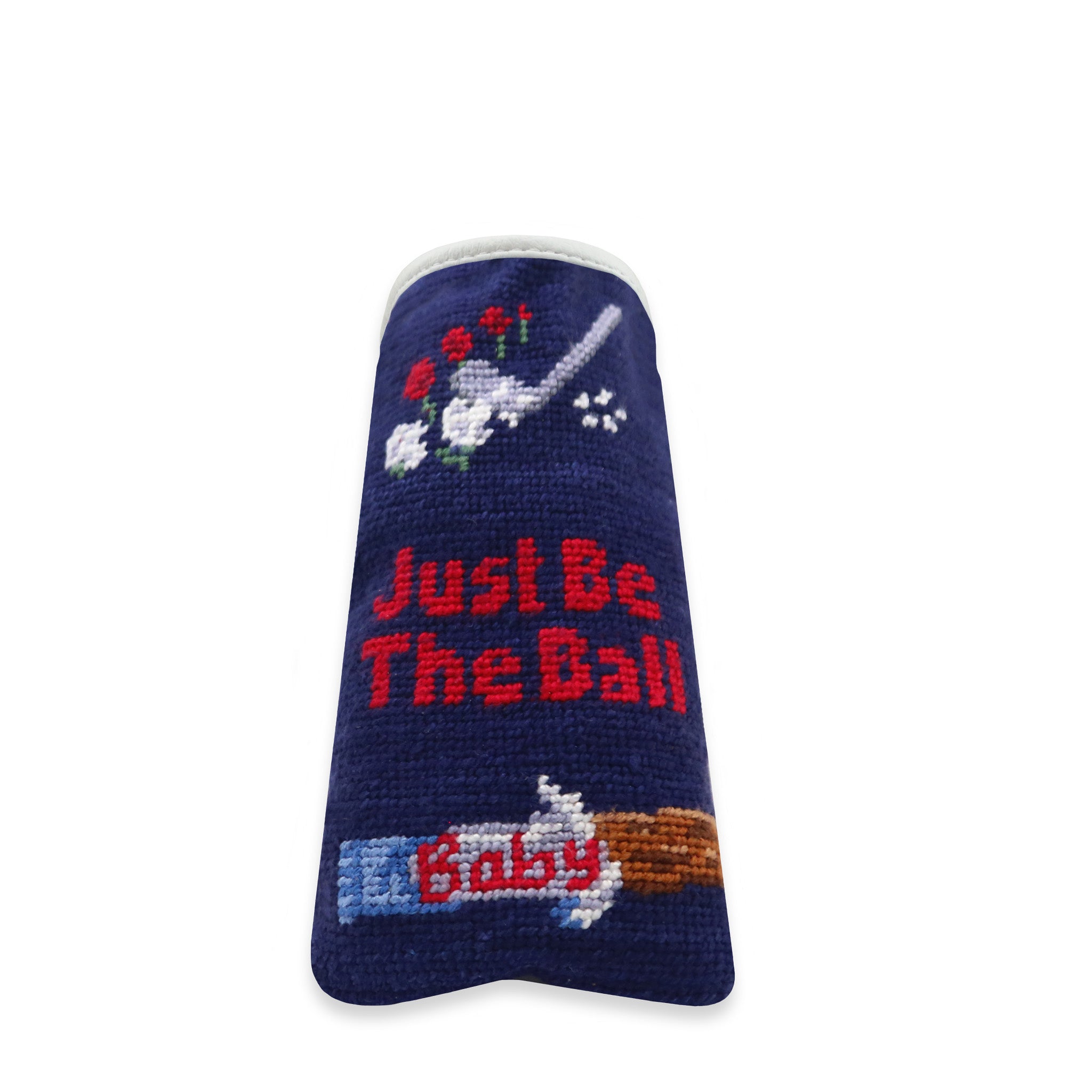 Needlepoint putter cover with a Gopher Golf Life logo on a dark navy background, designed for a standard putter.