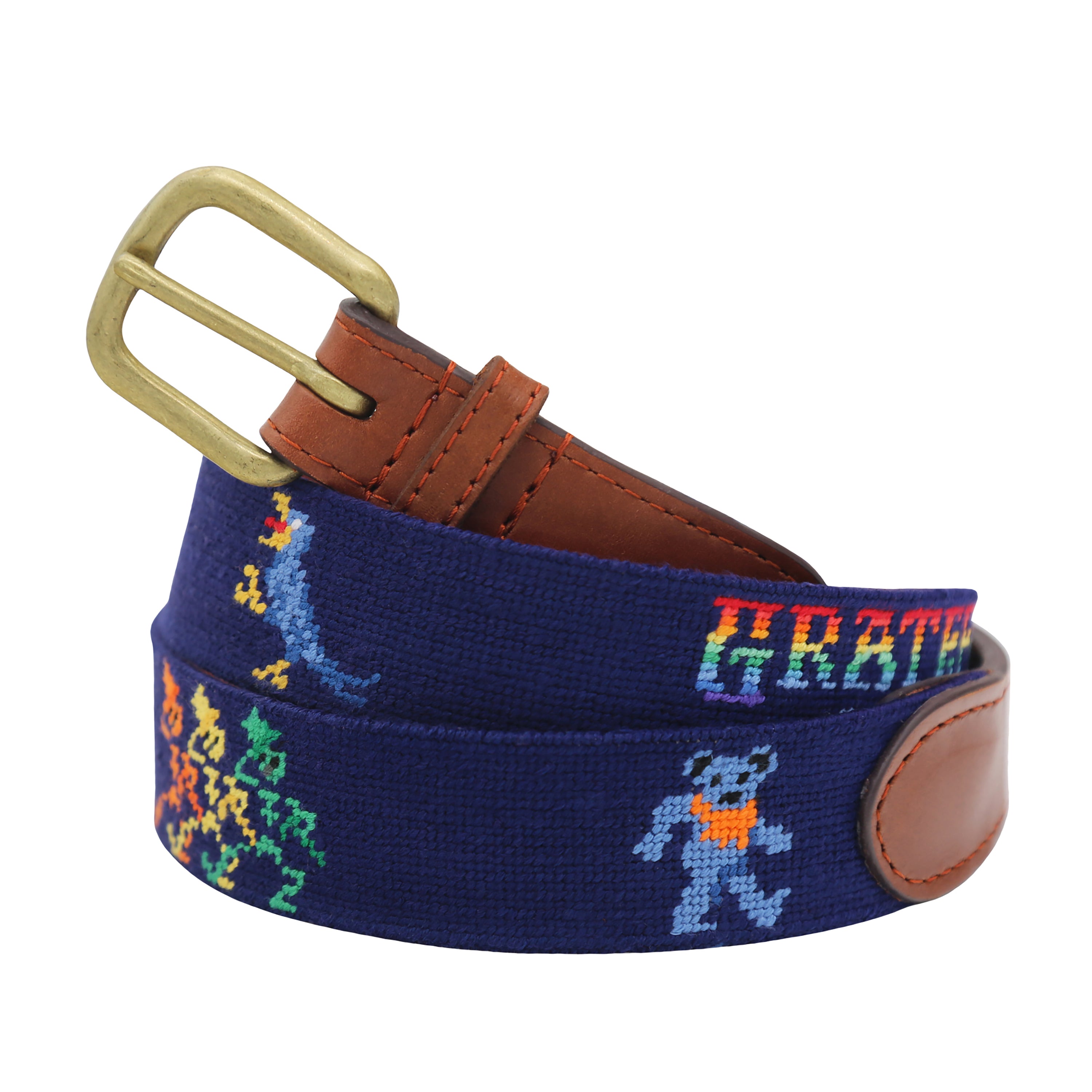 Grateful Dead Life Needlepoint Belt Dark Navy coiled, with brown leather trim and a brass buckle