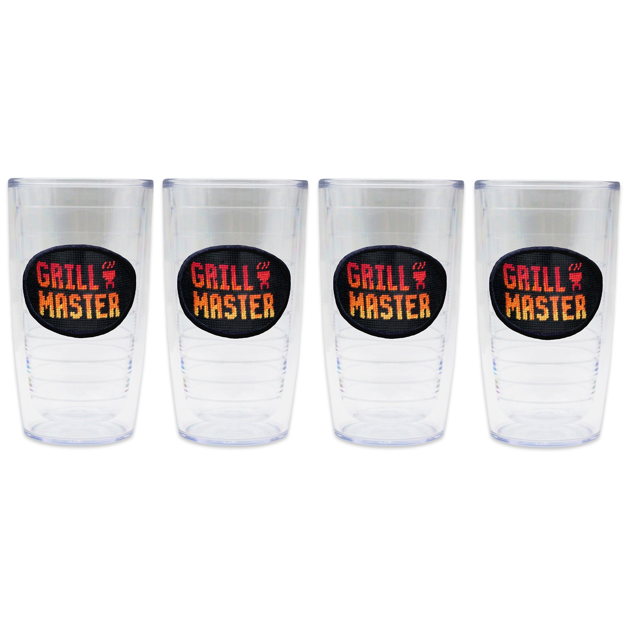 4 set of Tervis Tumblers with Grill Master needlepoint patch