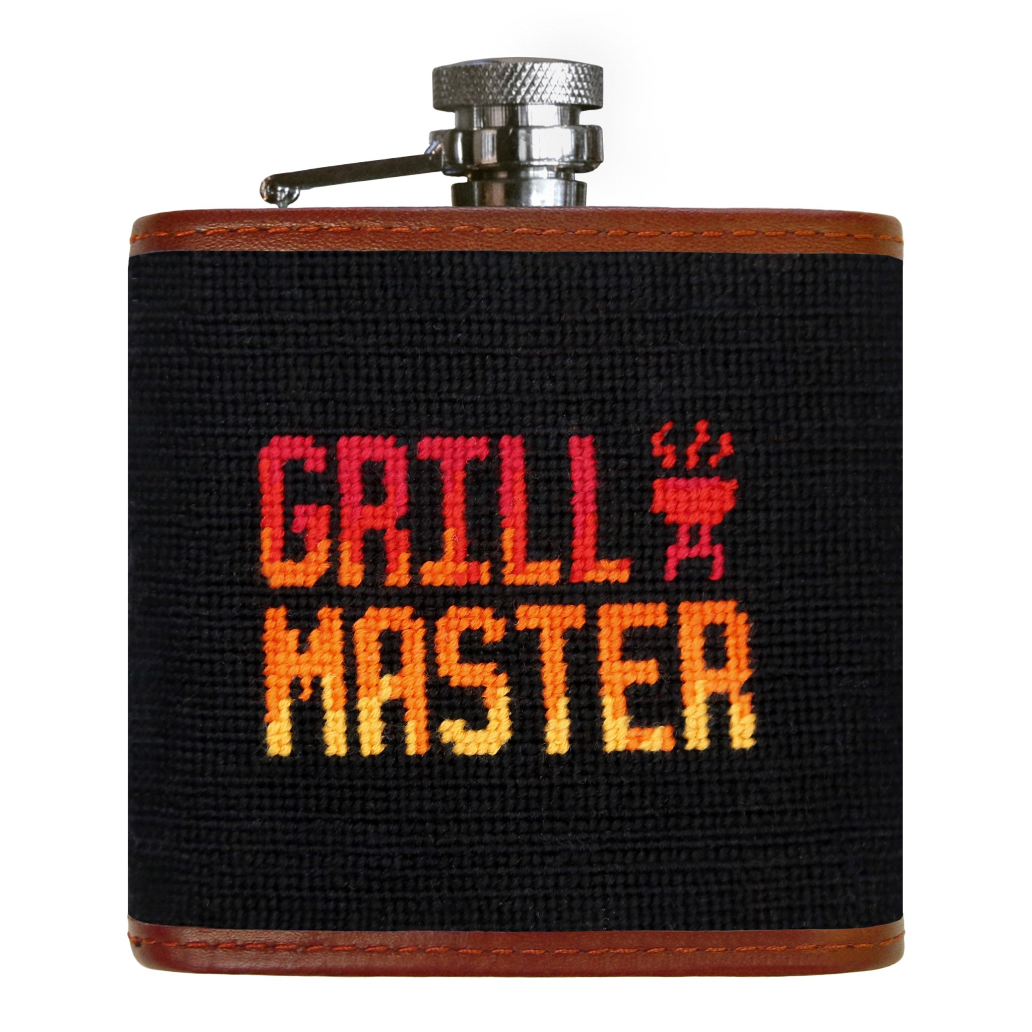 Grill Master black flask with black and red needlepoint Grill Master design.