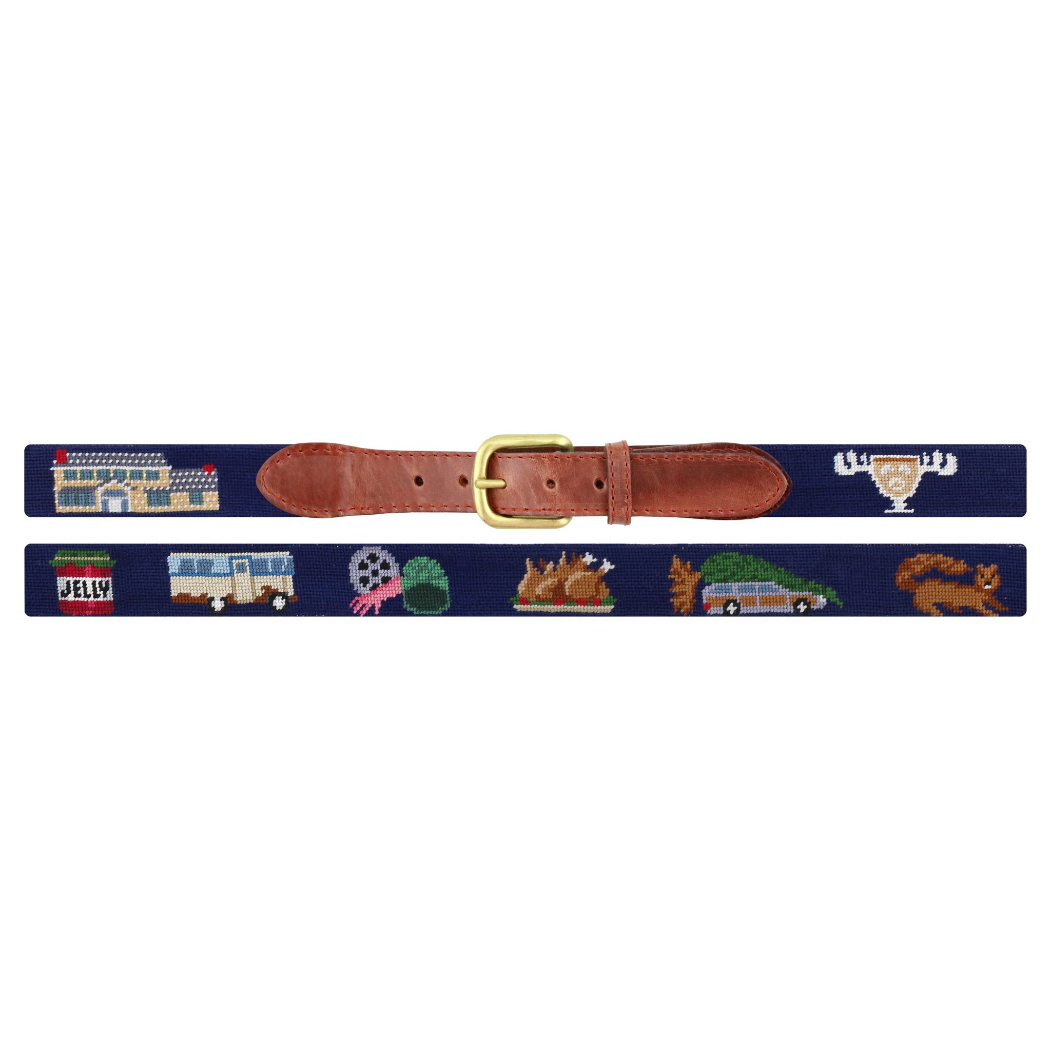 Flat view of Needlepoint Griswold Christmas Belt Dark Navy with brown leather trim and a brass buckle