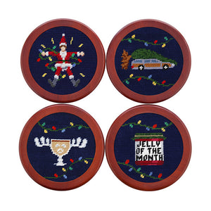 Dark navy coaster featuring a stitched Griswold Christmas tree car design, shown laid flat.