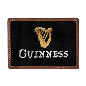 Guinness harp text black needlepoint card wallet with Italian leather trim.