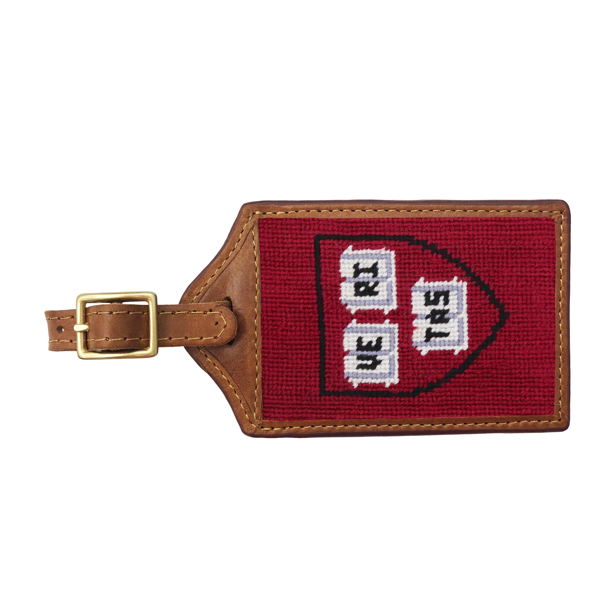 Garnet needlepoint luggage tag with the full Harvard crest logo, brown leather trim, and an ID window on the back.