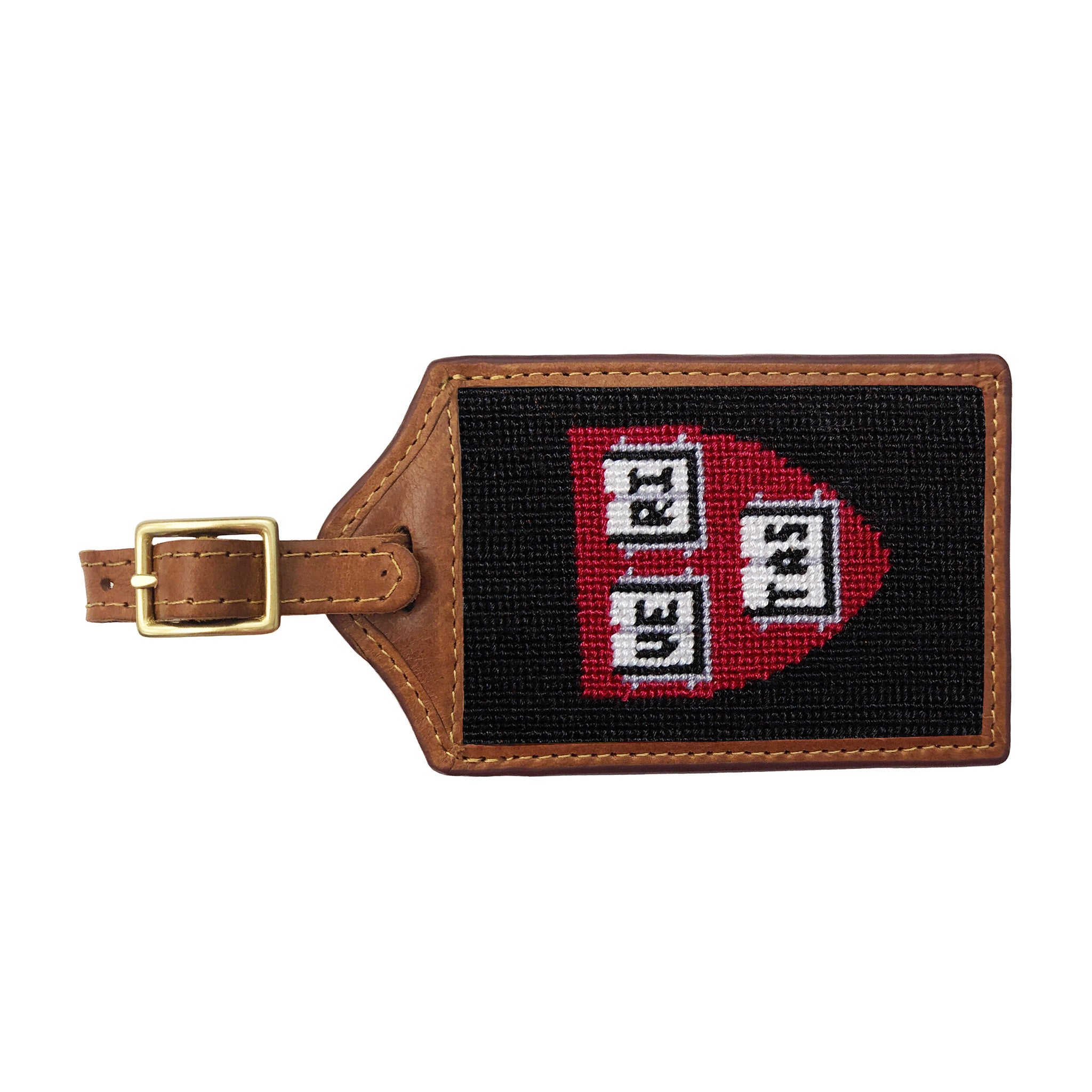 Black needlepoint luggage tag featuring the Harvard “H” shield logo, brown leather trim, and an ID window on the back.
