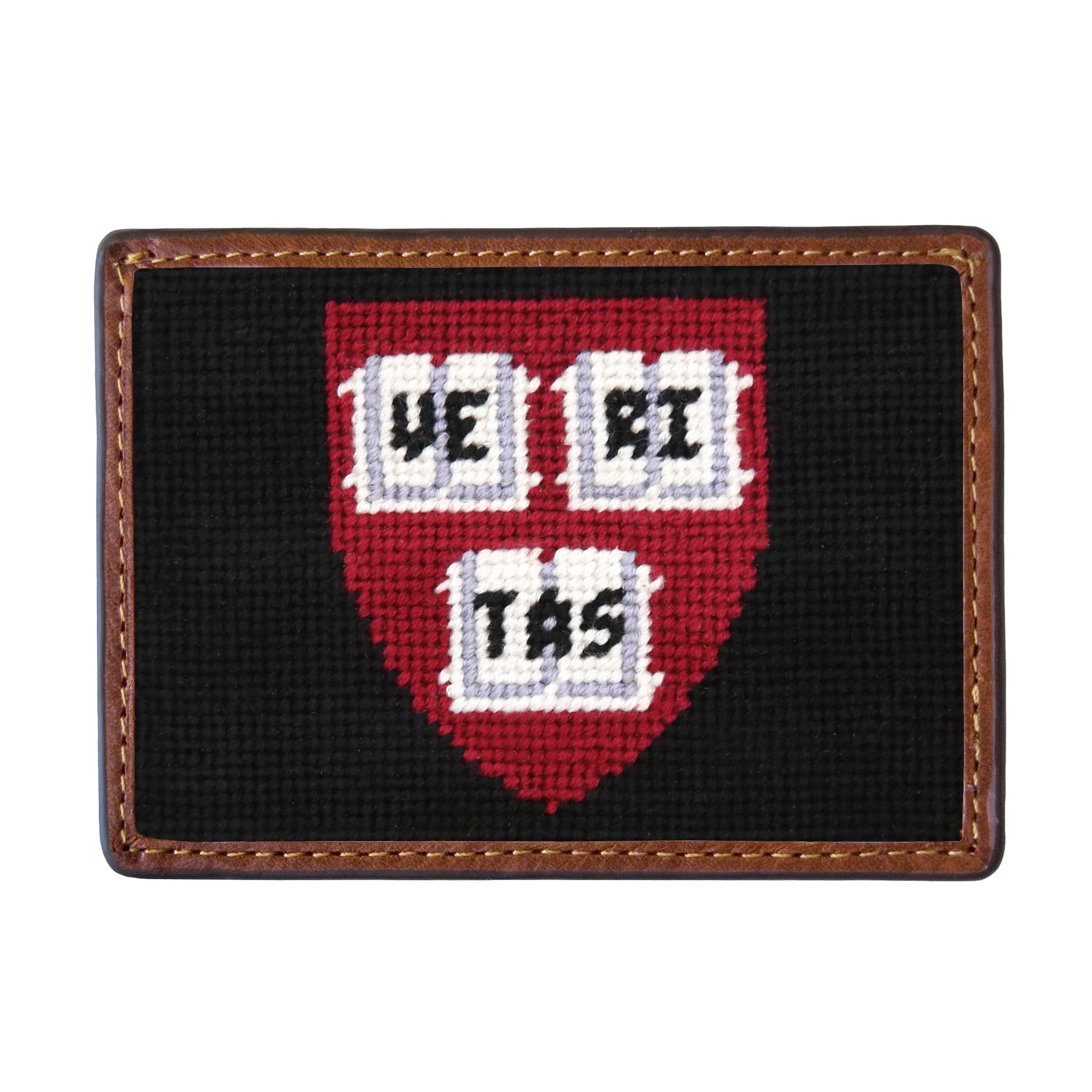 Harvard needlepoint card wallet with Italian leather trim.