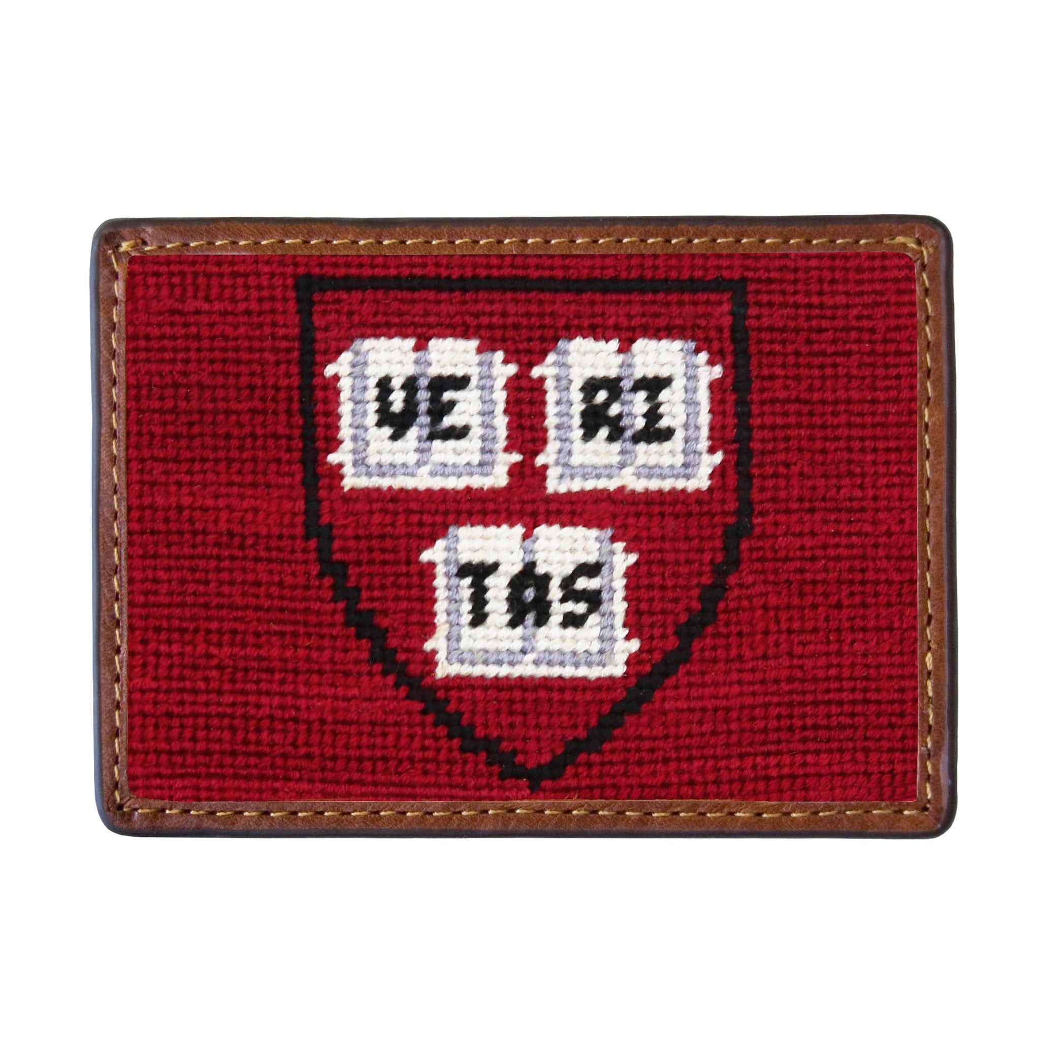 Harvard needlepoint card wallet in garnet with Italian leather trim.