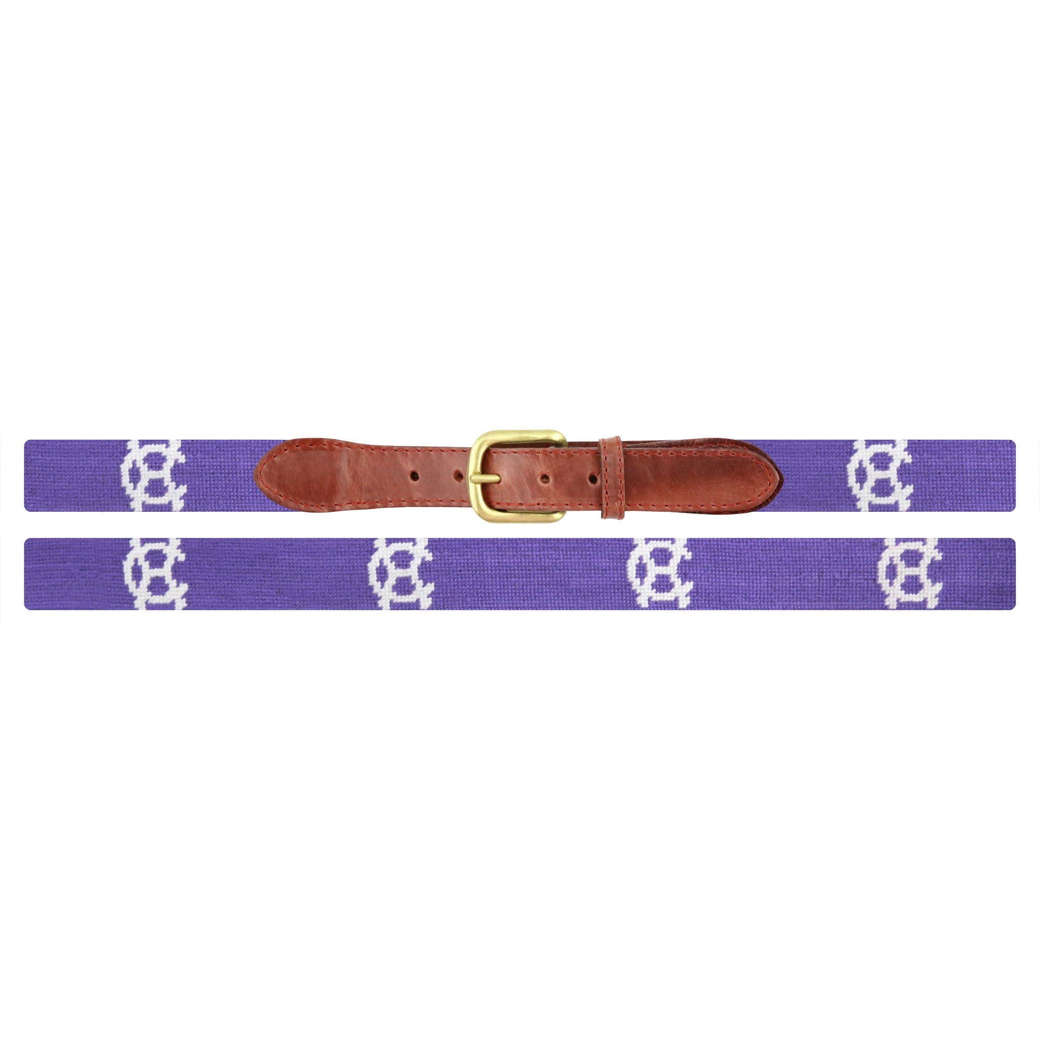 Flat view of Needlepoint Holy Cross Belt Purple with brown leather trim and a brass buckle