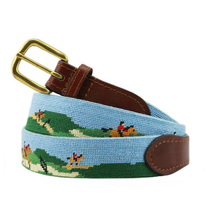 Horse Jumping Scene needlepoint belt featuring equestrian motifs on navy background with brass buckle