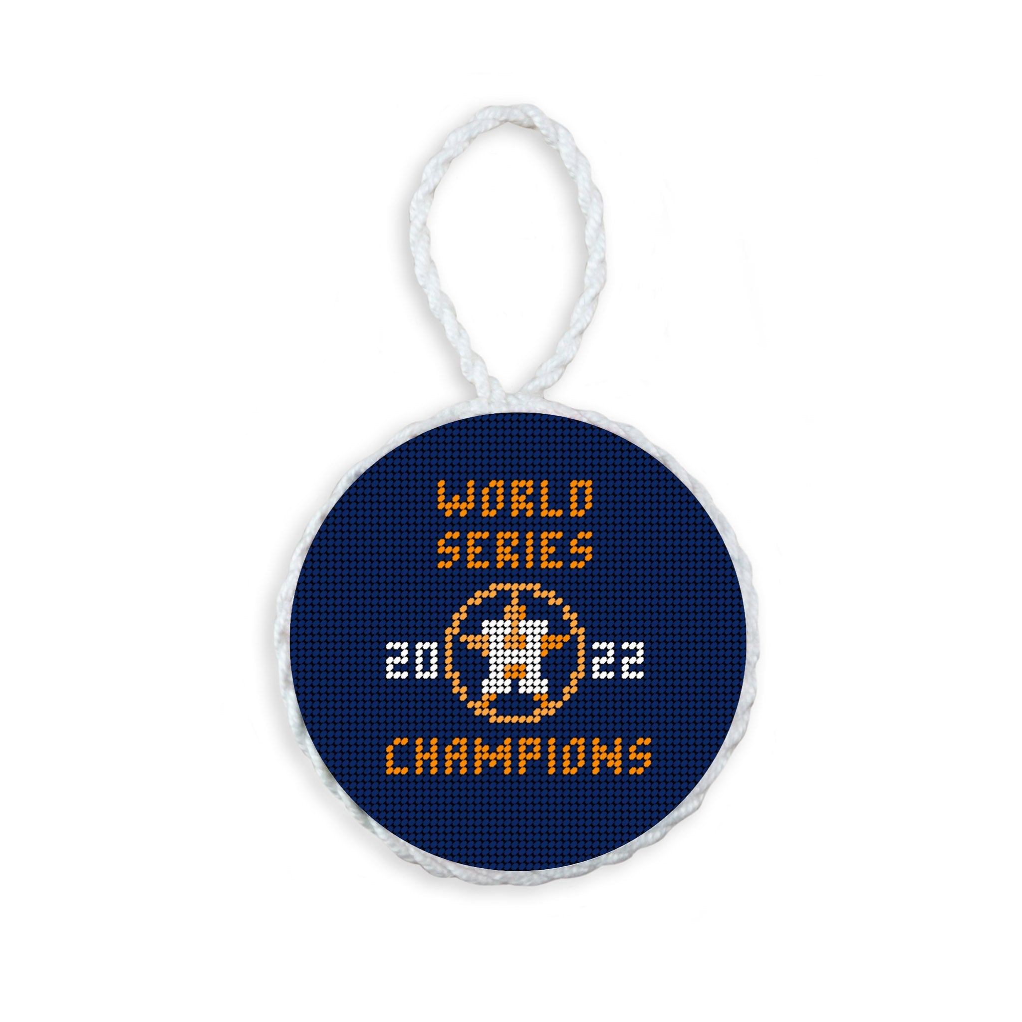 Classic navy needlepoint ornament with the Houston Astros 2022 World Series logo, finished with a white hanging cord.