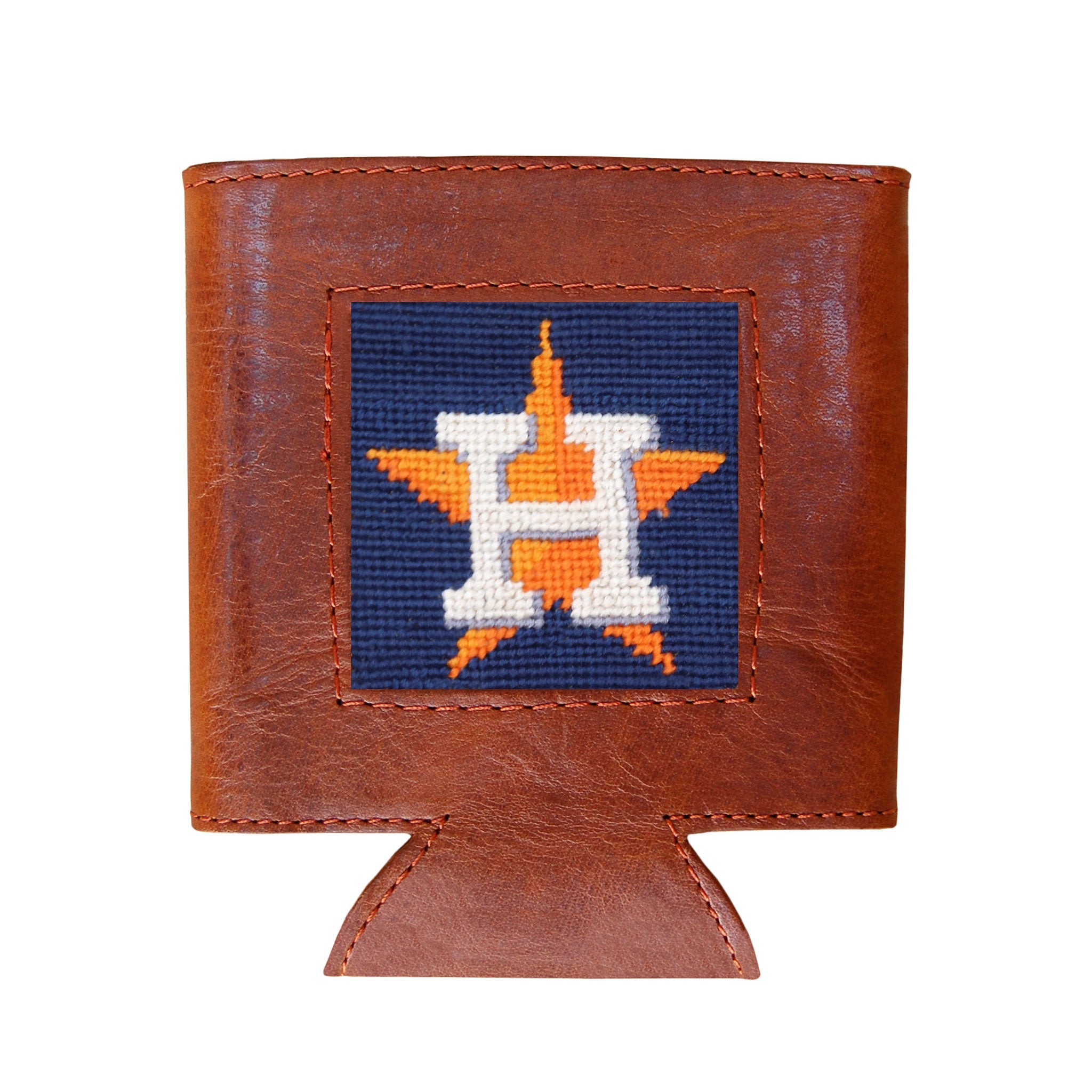 Navy can cooler with the orange Houston Astros star logo from a secondary angle.