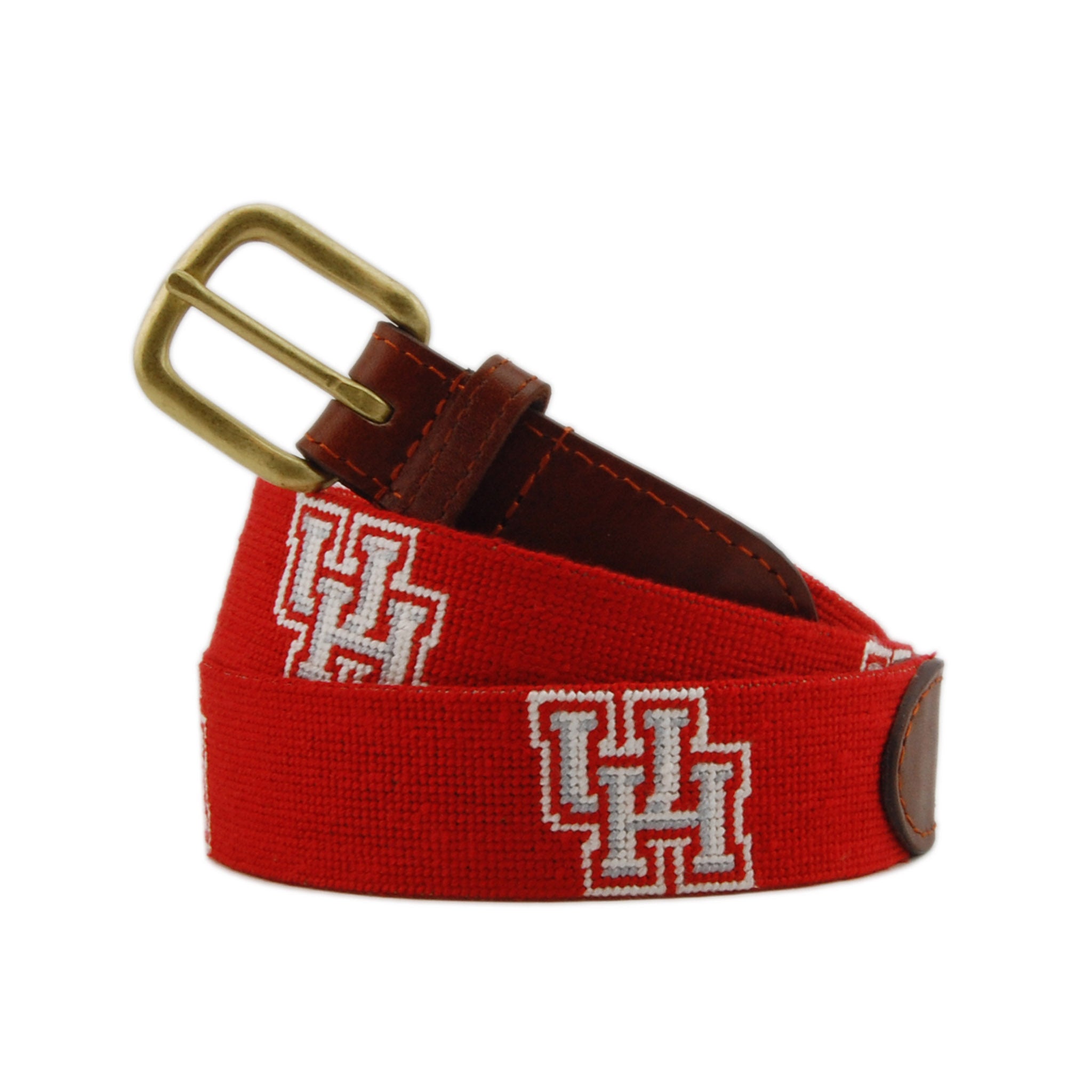 University of Houston Needlepoint Belt Red coiled, with brown leather trim and a brass buckle