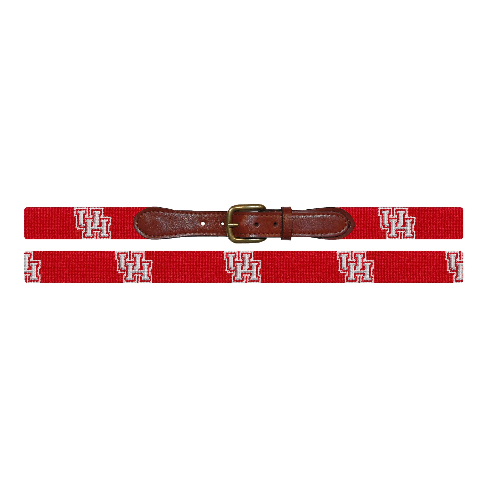 Flat view of Needlepoint University of Houston Belt Red with brown leather trim and a brass buckle