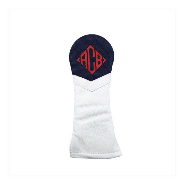 Dark navy and red hybrid headcover featuring Diamond 32 monogram stitched in white thread